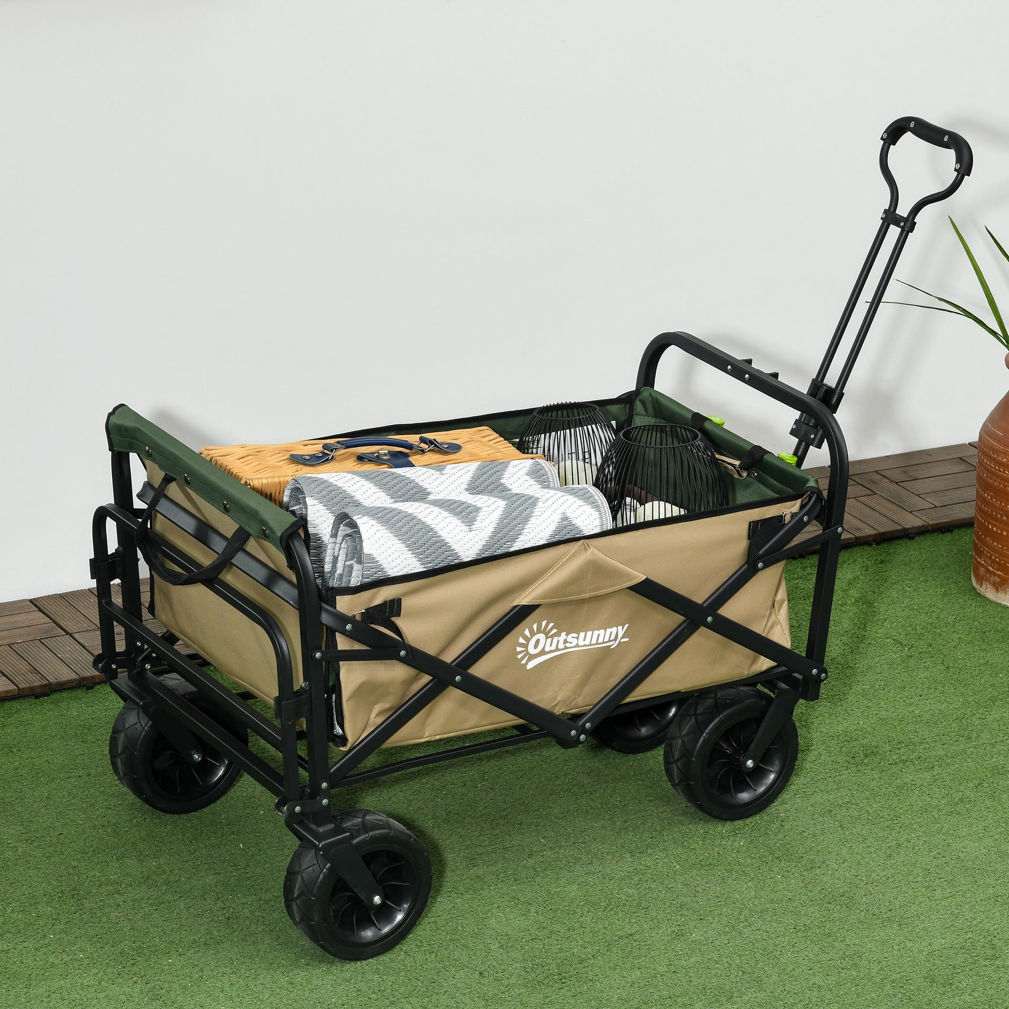 Outsunny Bollerwagen, faltbar, 110 L, bis 100 kg, Teleskopgriff, Stahlrahmen, 94 x 57 x 77-100 cm, Khaki