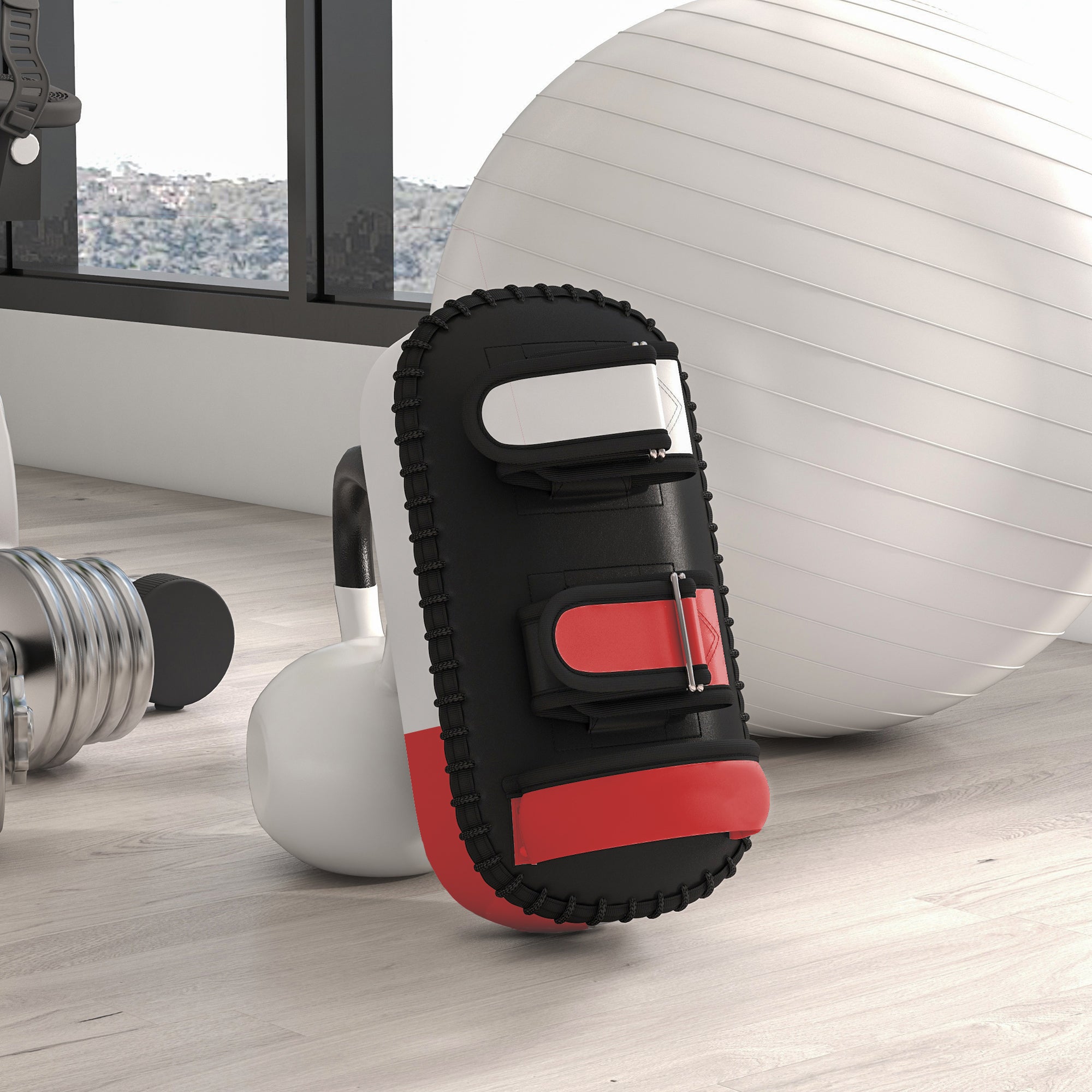 SPORTNOW Kickpolster fürMuay Thai, Kickboxen, Kunstlederbezug, 0,4 kg, 38x20x18 cm, Schwarz/Rot/Weiß