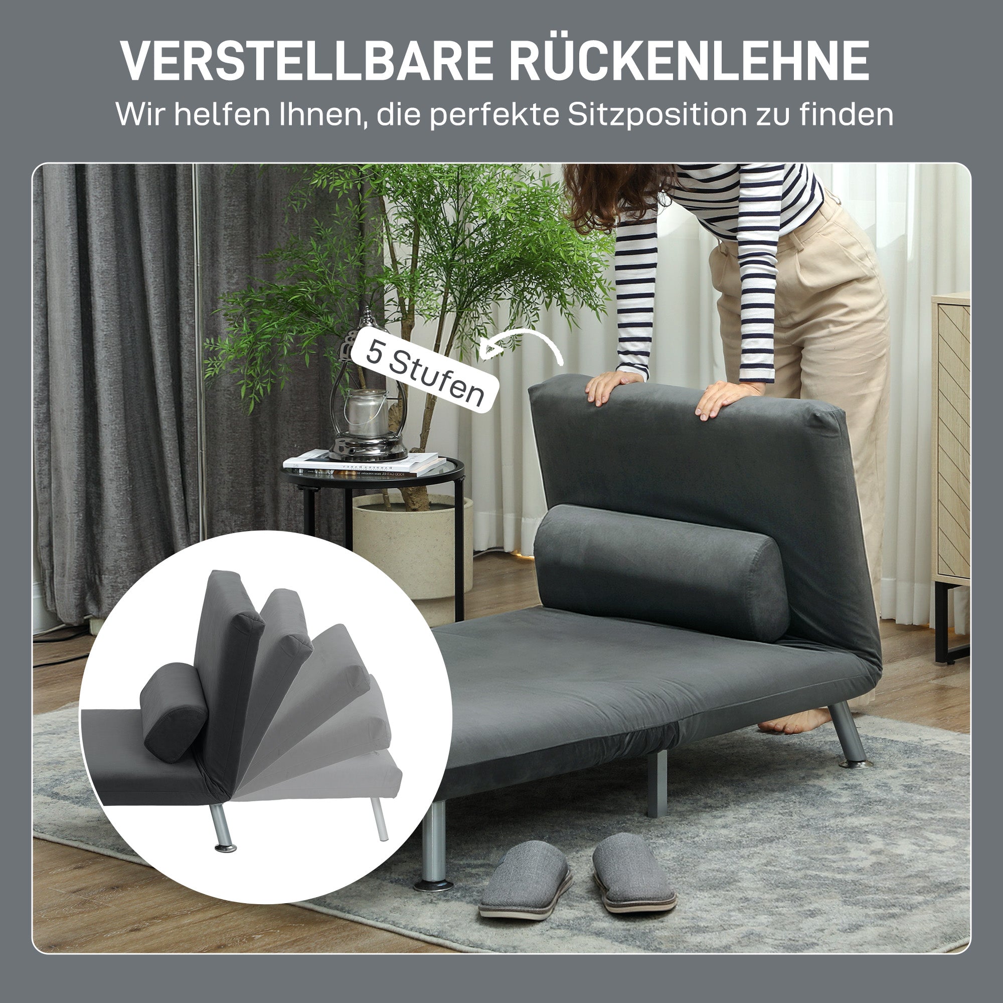 HOMCOM Klappsessel mit Bettfunktion, klappbarer Relaxsessel in Samtoptik, Verstellbare Rückenlehne, 75 x 70 x 75 cm, Dunkelgrau