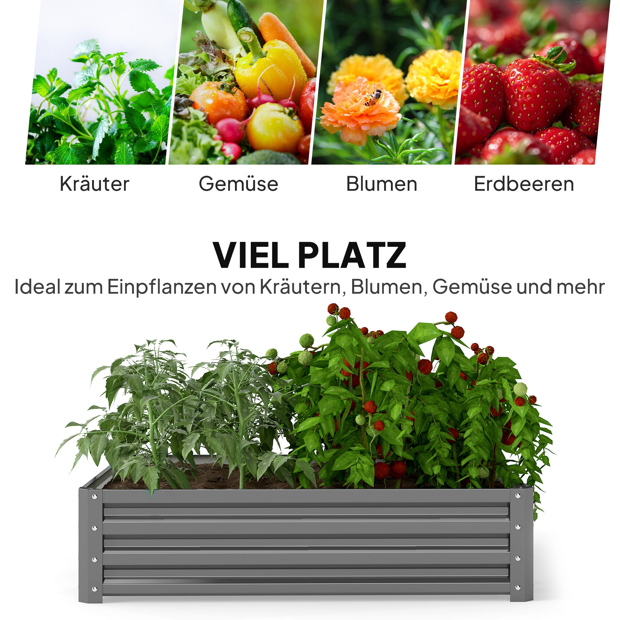 Outsunny Gartenbeet, Pflanzkasten mit Stahlgehäuse, Hellgrau, 120 x 120 x 30 cm