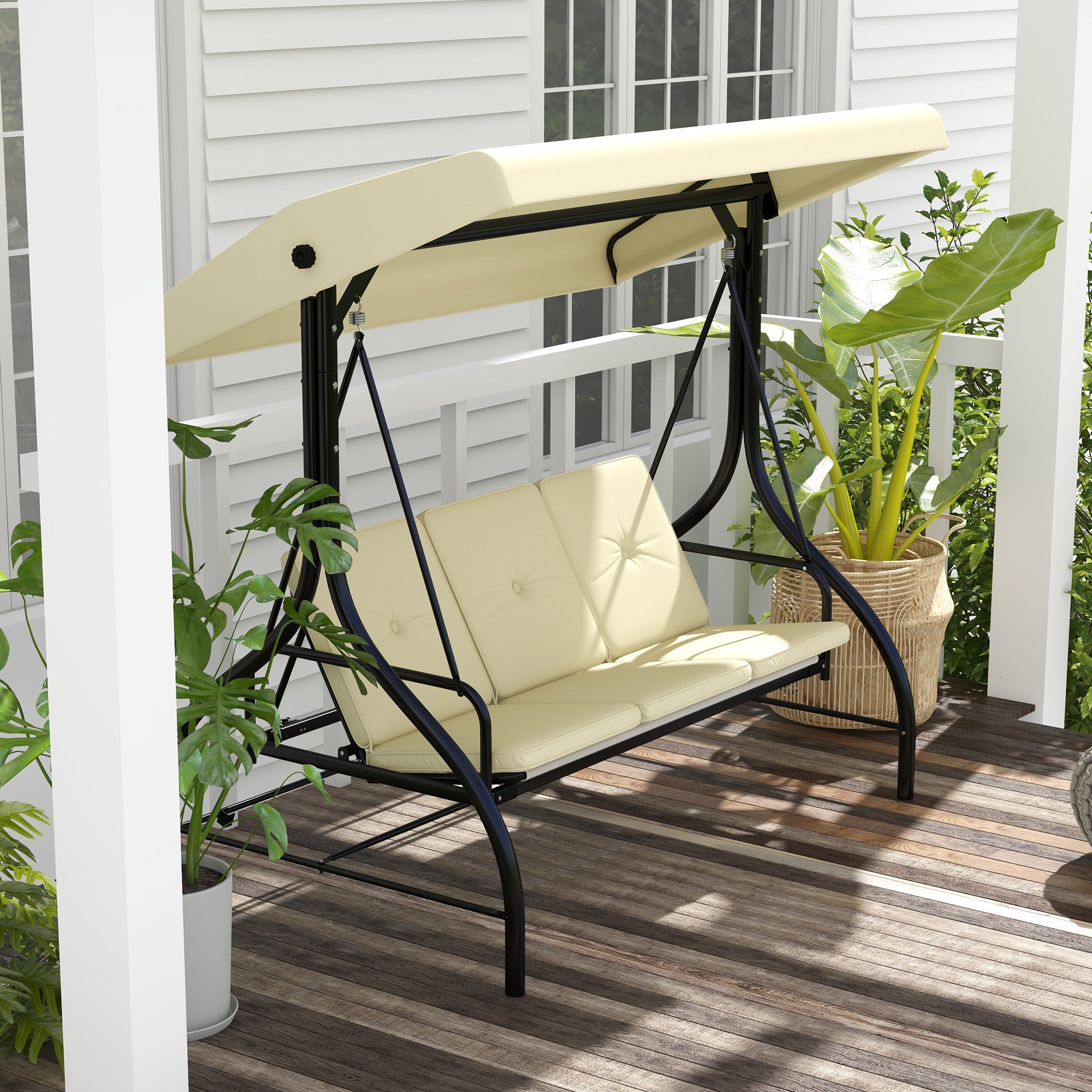 Outsunny Schaukelbank, Hollywoodschaukel mit Sonnenschutz, Gartenschaukel, Verandaschaukel, 3 Sitze, Schaukelbett