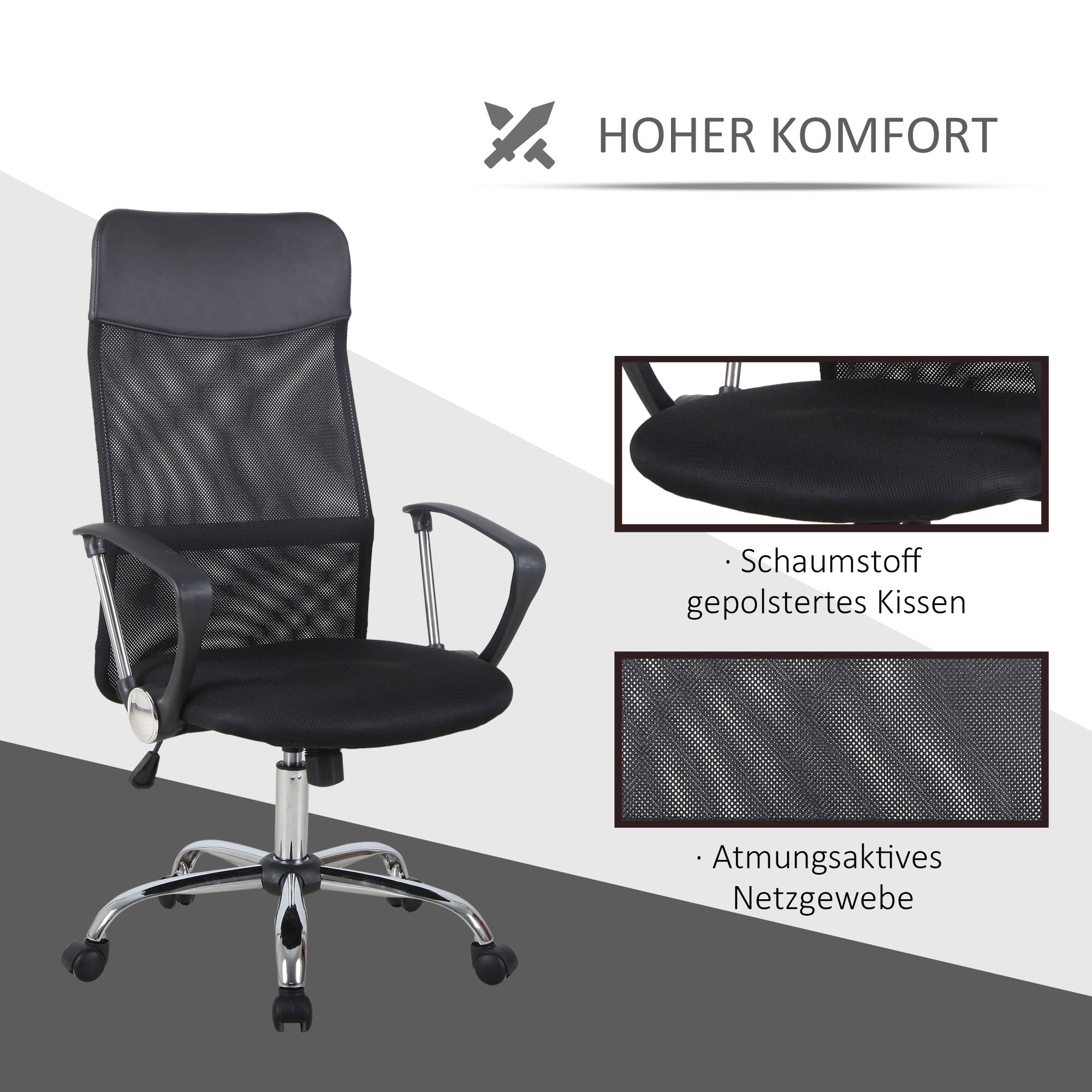 HOMCOM Ergonomischer Bürostuhl, Gaming Stuhl, Drehstuhl mit Wippenfunktion, höhenverstellbarer Schreibtischstuhl, Schaumstoff, Netz, Schwarz,  63 x 65 x 109-119 cm