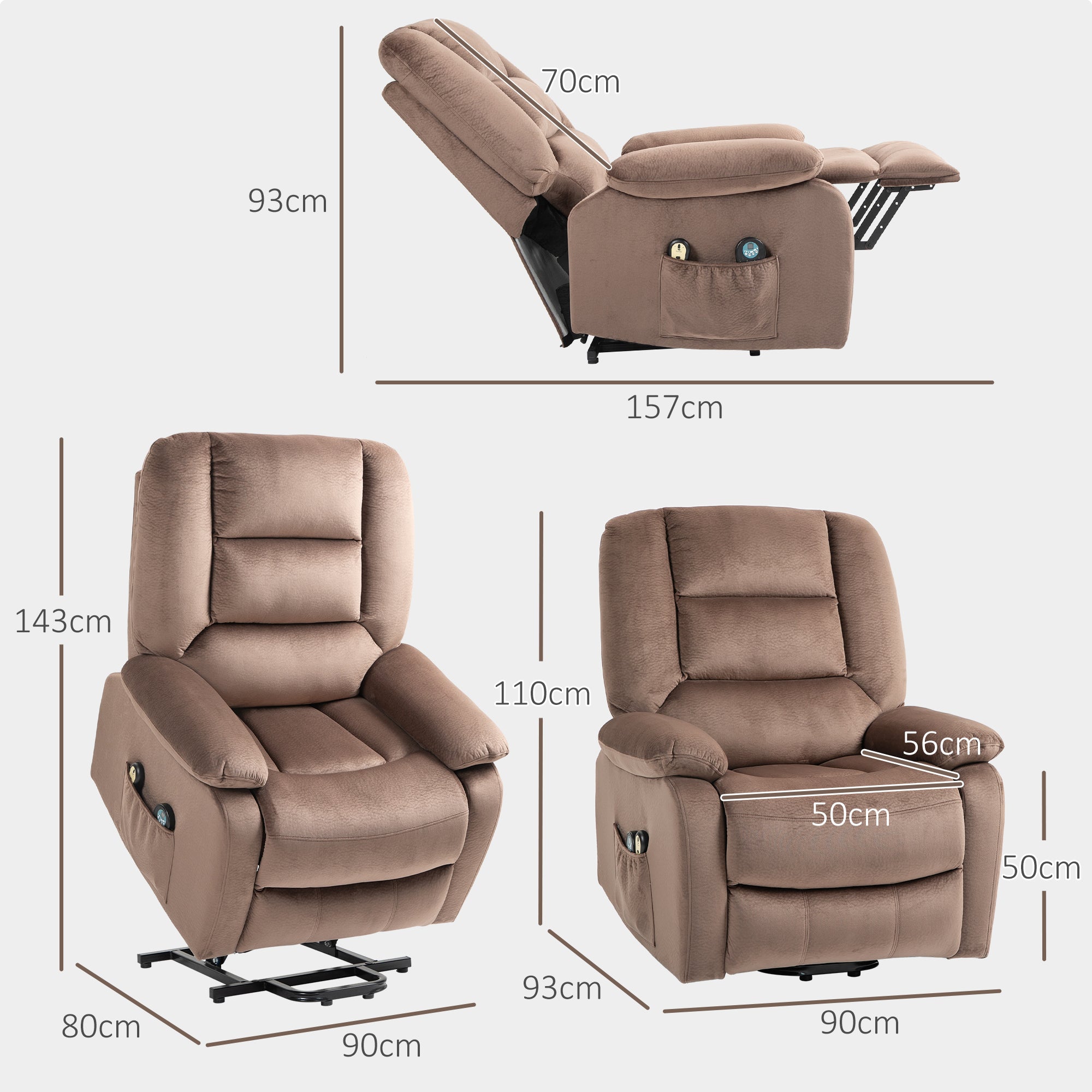 HOMCOM Aufstehsessel mit Massagefunktion, 90x93x110cm, Braun
