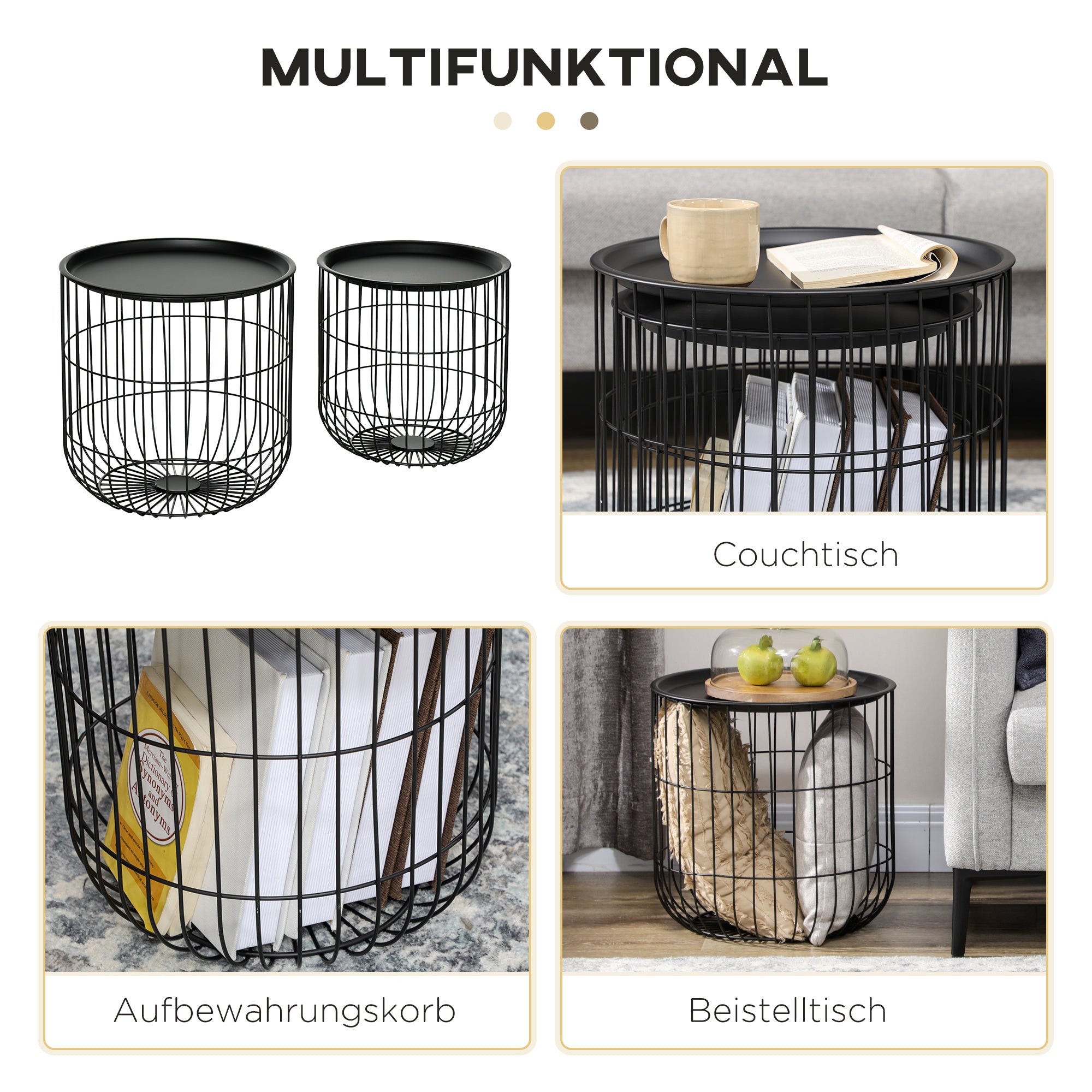 HOMCOM 2er-Set Beistelltische im Skandidesign, mit Stauraum, stapelbar, Schwarz