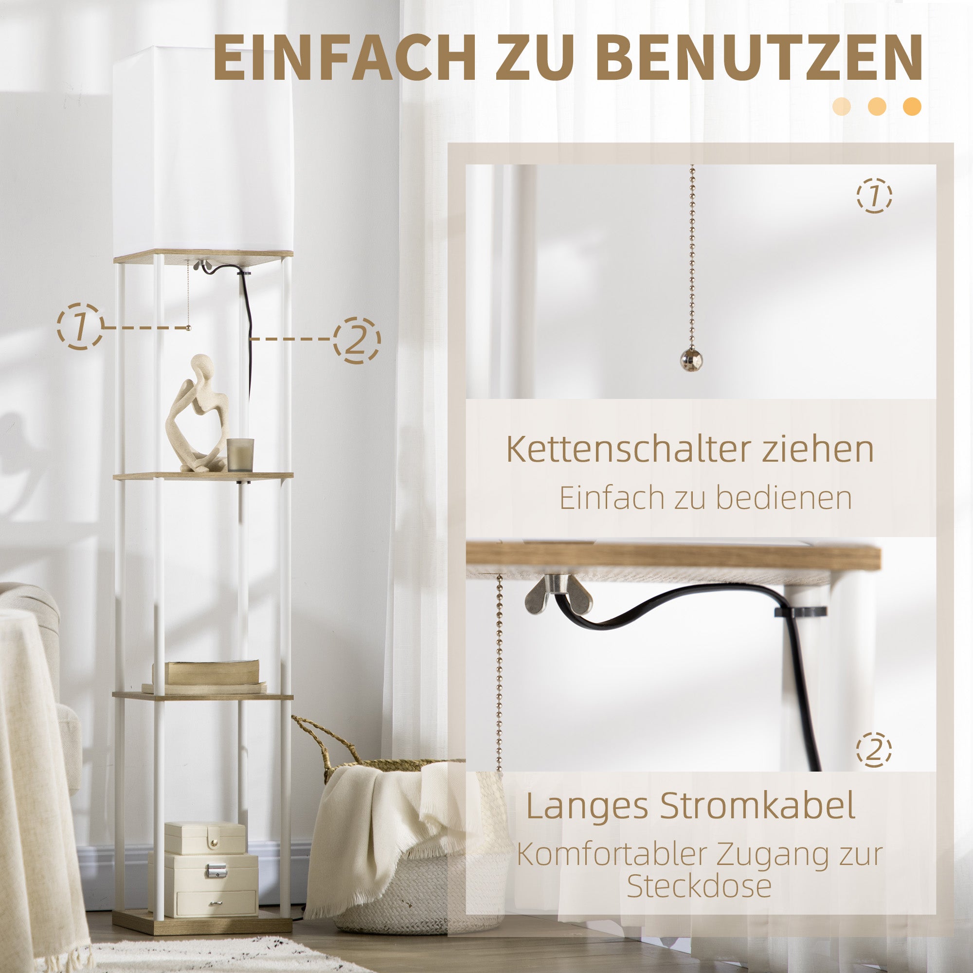 HOMCOM Standleuchte, Deckenfluter, mit Regalen, Metallrahmen, Stoffschirm, 26x26x159cm, Weiß/Braun