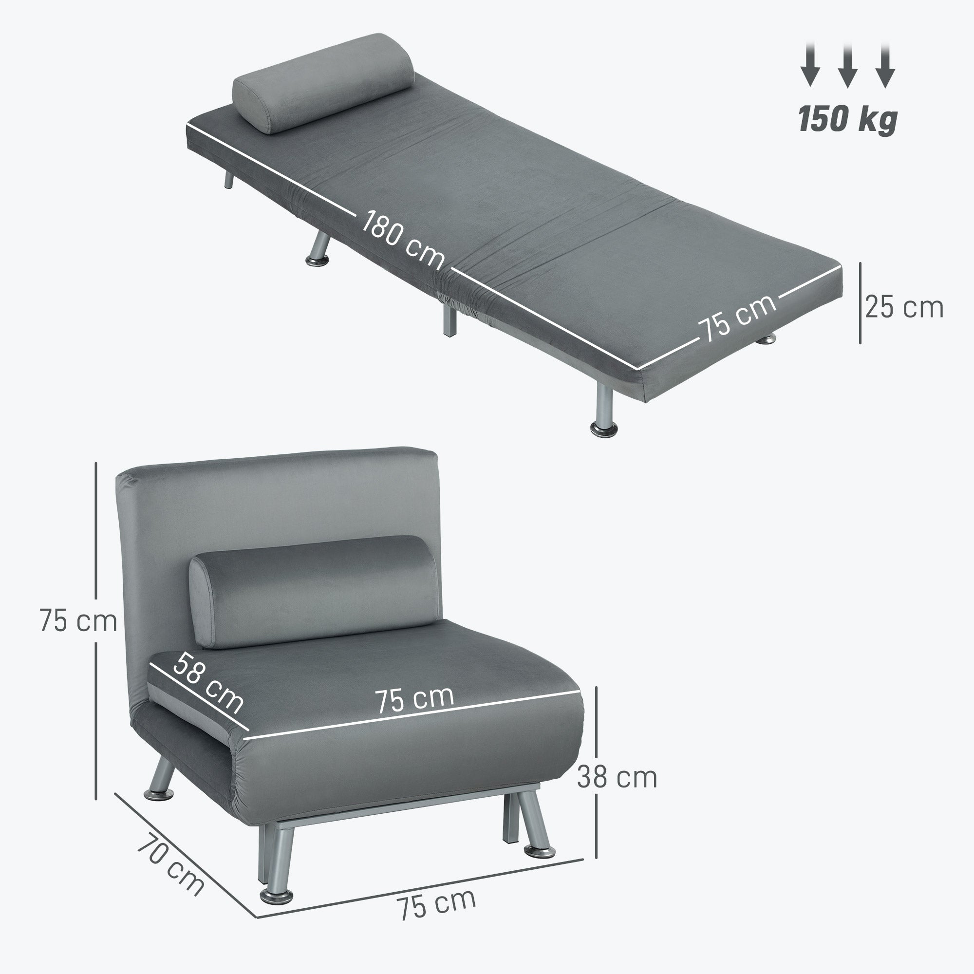 HOMCOM Klappsessel mit Bettfunktion, klappbarer Relaxsessel in Samtoptik, Verstellbare Rückenlehne, 75 x 70 x 75 cm, Grau