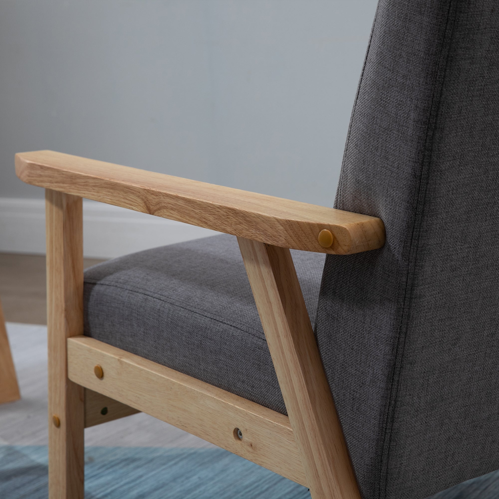 HOMCOM Sessel im Skandi-Design, Akzentsessel, Massivholz, Leinenoptik, 64 cm x 70 cm x 72 cm, Grau + Natur