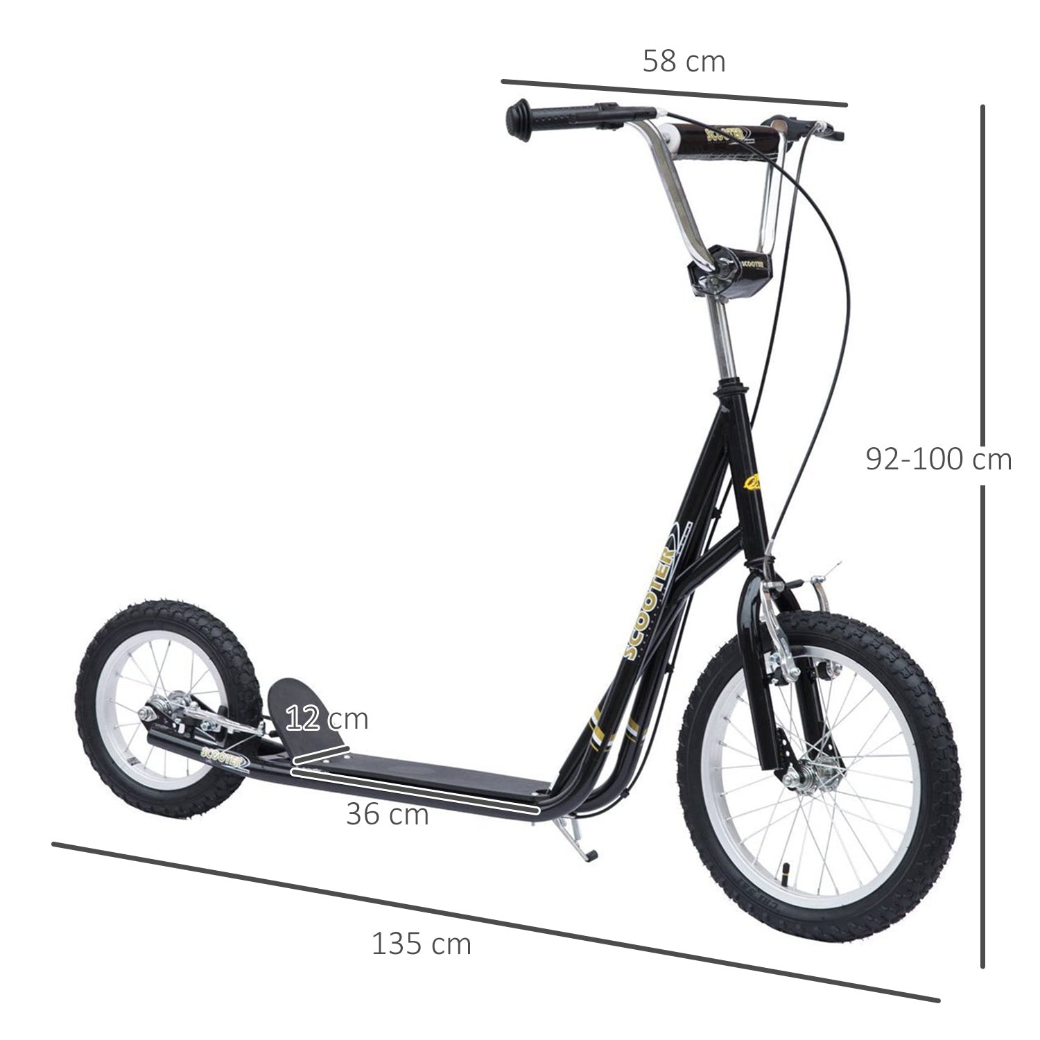 HOMCOM Kinderroller 16/12 Zoll Scooter Tretroller mit Bremsen Cityroller Kickboard Kinder Roller für 5+ Jahre Kinder Schwarz 135 x 58 x 92-100 cm