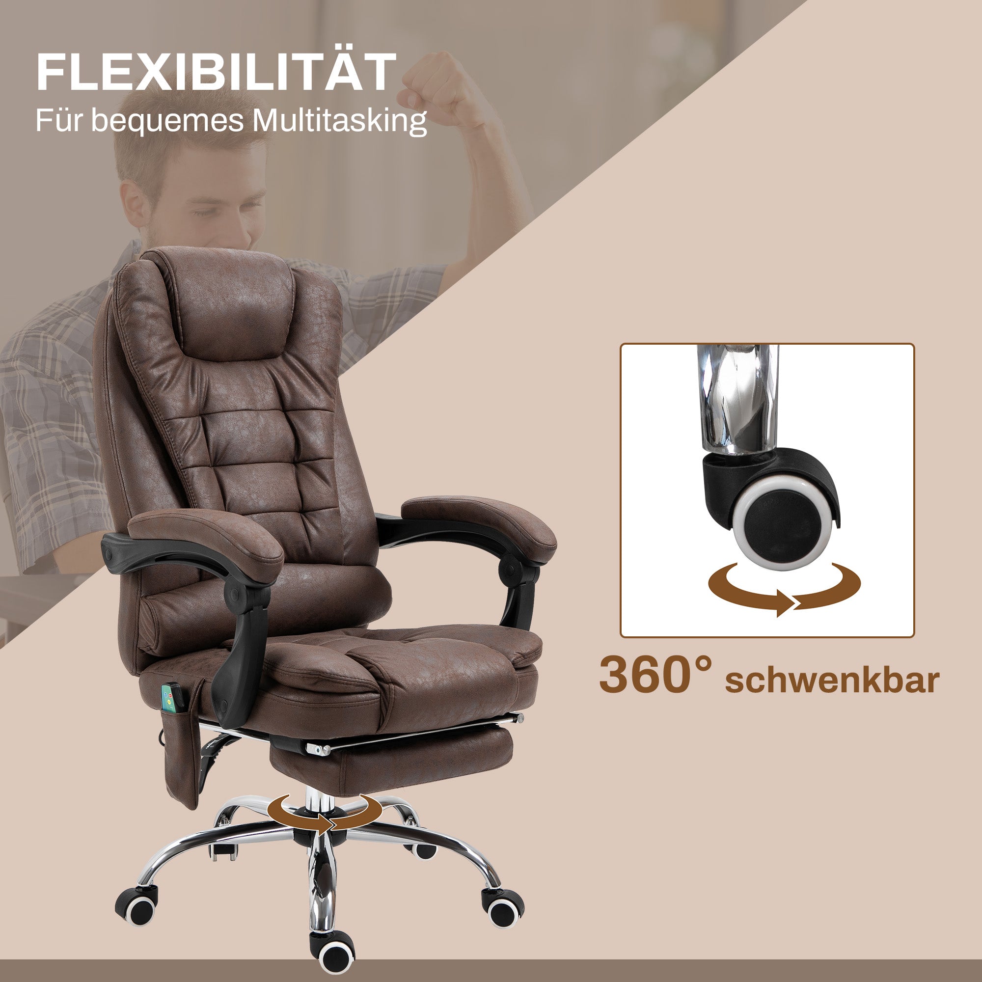 Vinsetto Massage-Bürostuhl, Liege- & Wärmefunktion, drehbar, ergonomisch, bis 120 kg, Braun