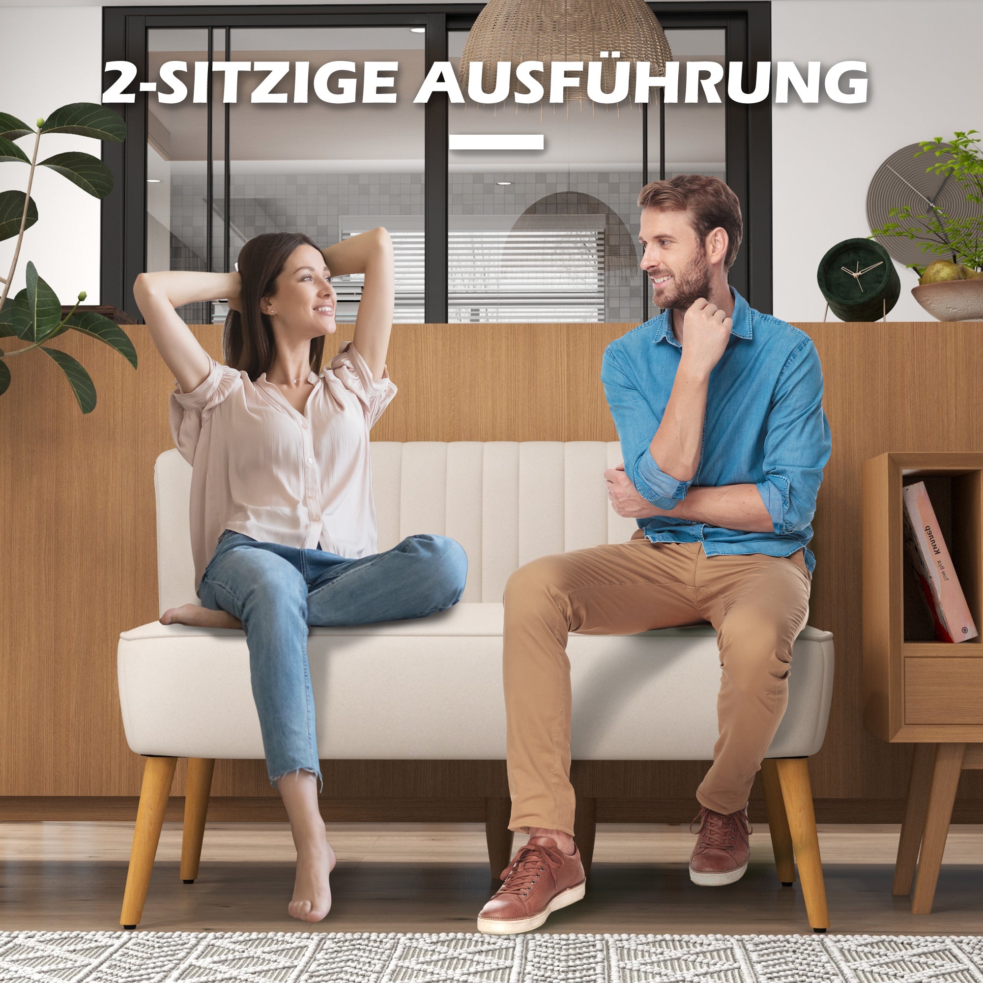 HOMCOM Sofa Retrodesign 2-Sitzer-Sofa, Holzbeine, 117 cm x 56,5 cm x 77 cm, Cremeweiß