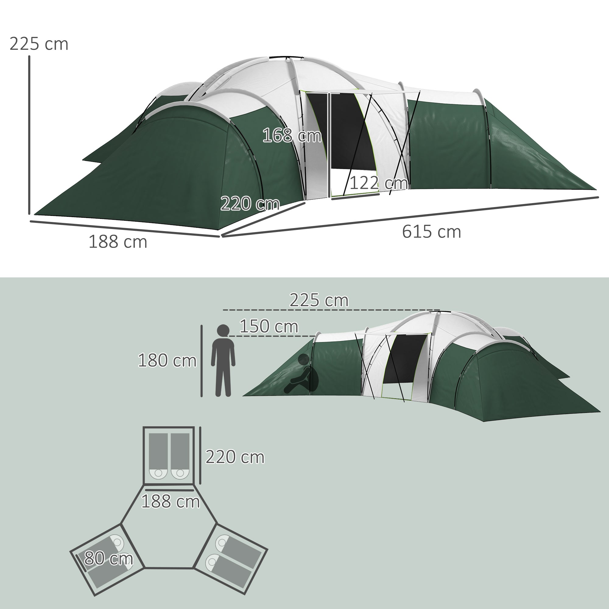 Outsunny Campingzelt für 6-9 Personen, 4 Räume, Vorzelt, wasserdicht, 615x 615x225cm, Grün