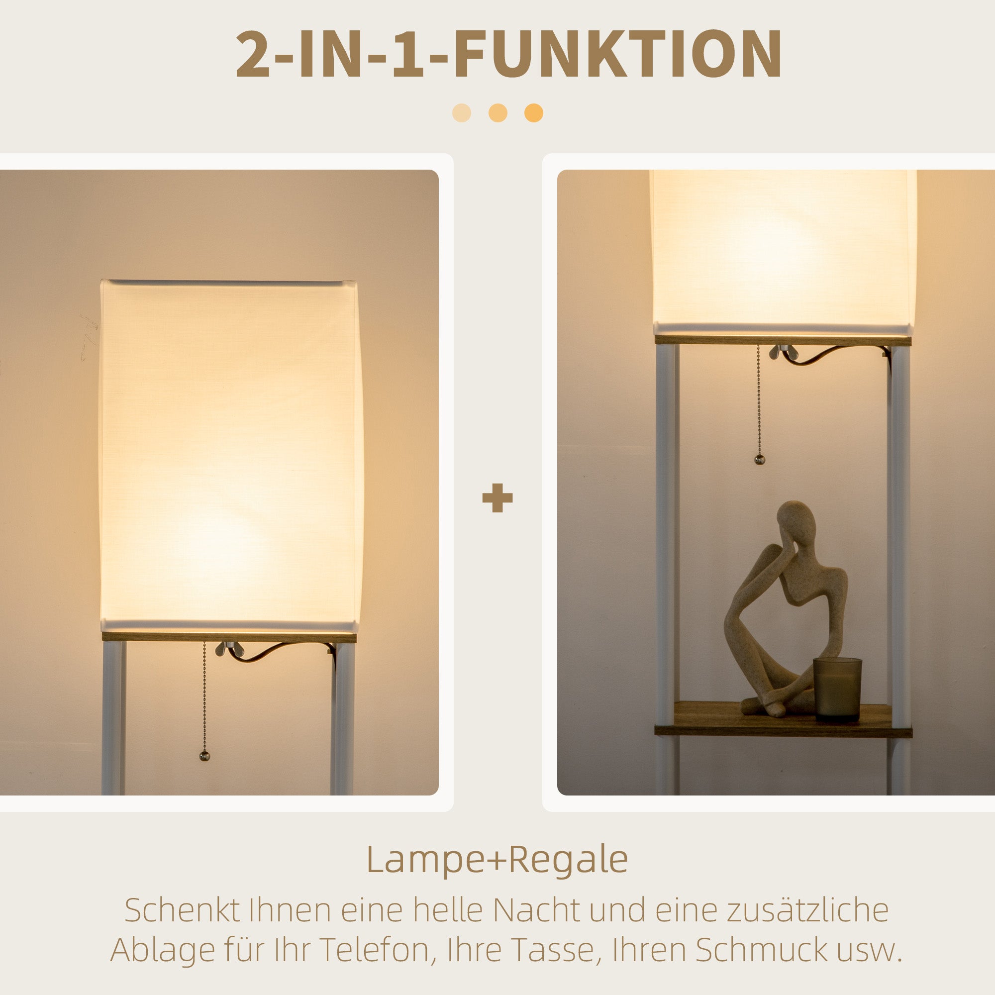 HOMCOM Standleuchte, Deckenfluter, mit Regalen, Metallrahmen, Stoffschirm, 26x26x159cm, Weiß/Braun