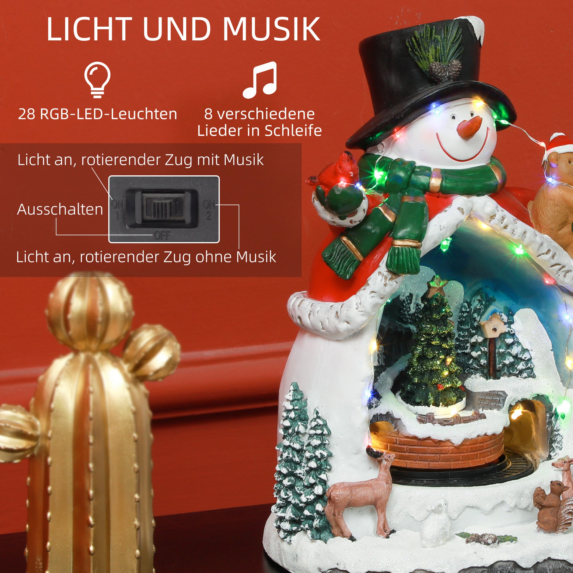 HOMCOM Weihnachtsdorf in Schneemann-Form mit fahrendem Zug, LED-Lichtern und Musik, festliche Tischdekoration, Mehrfarbig