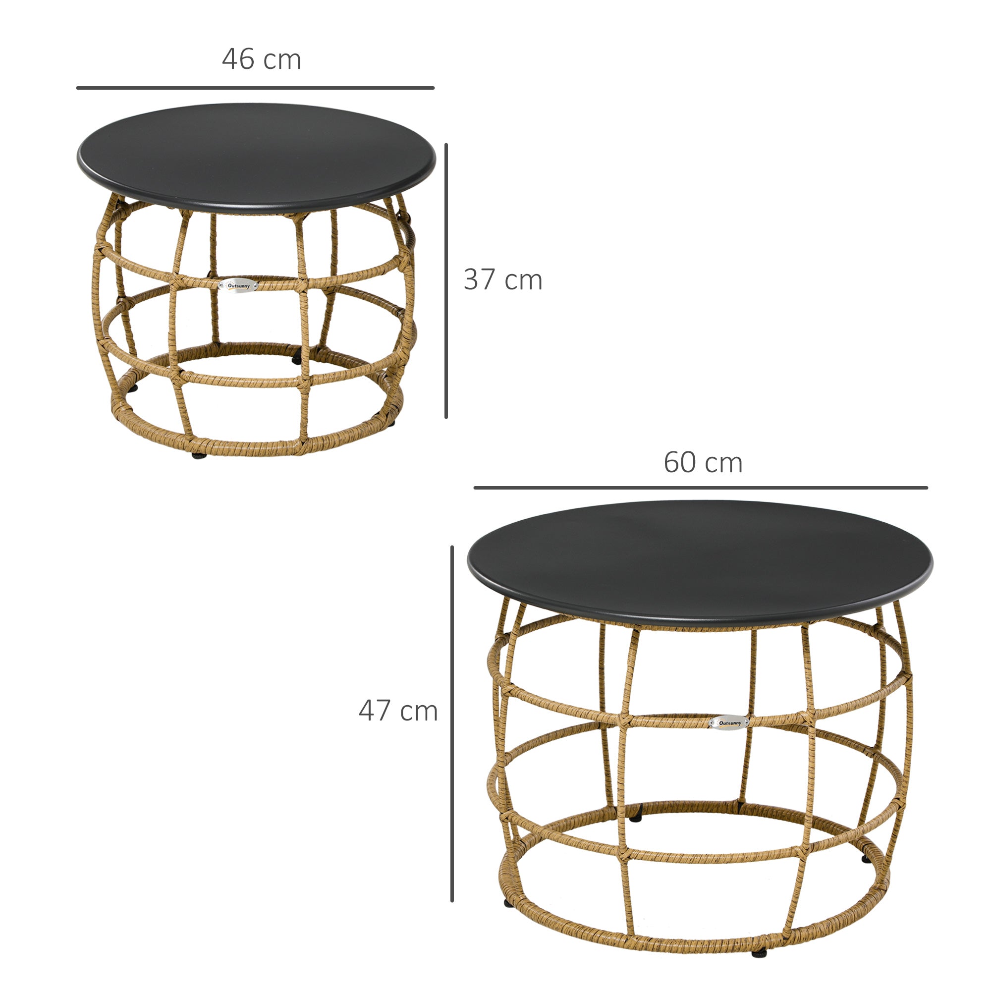 Outsunny 2er-Set Gartentische im Boho-Stil, wetterbeständig, stapelbar, 60 cm x 60 cm x 47 cm, Natur + dunkelgrau