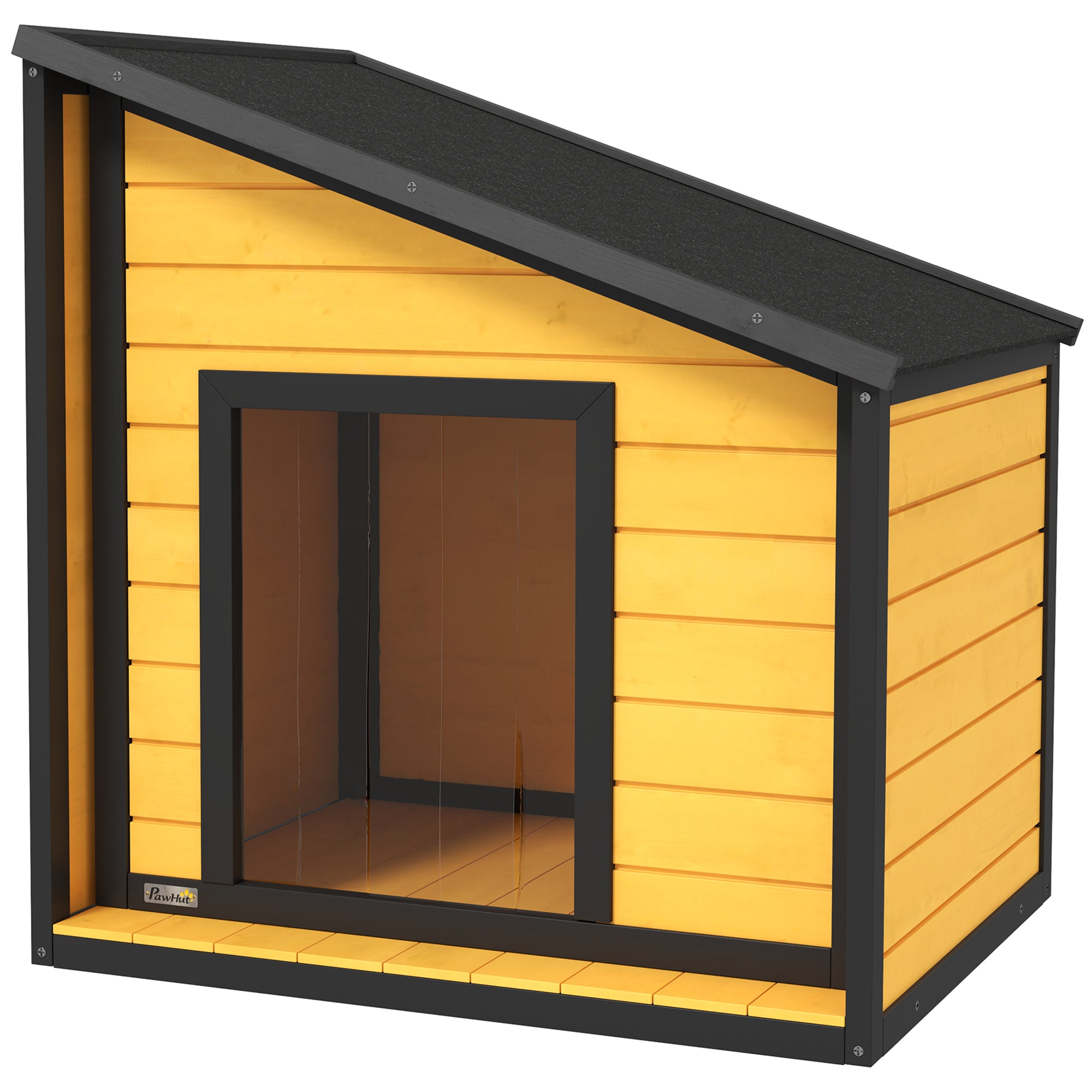 PawHut Hundehütte, aufklappbares Asphaltdach, Vorhang, 71x58x53/77 cm, Schwarz/Gelb