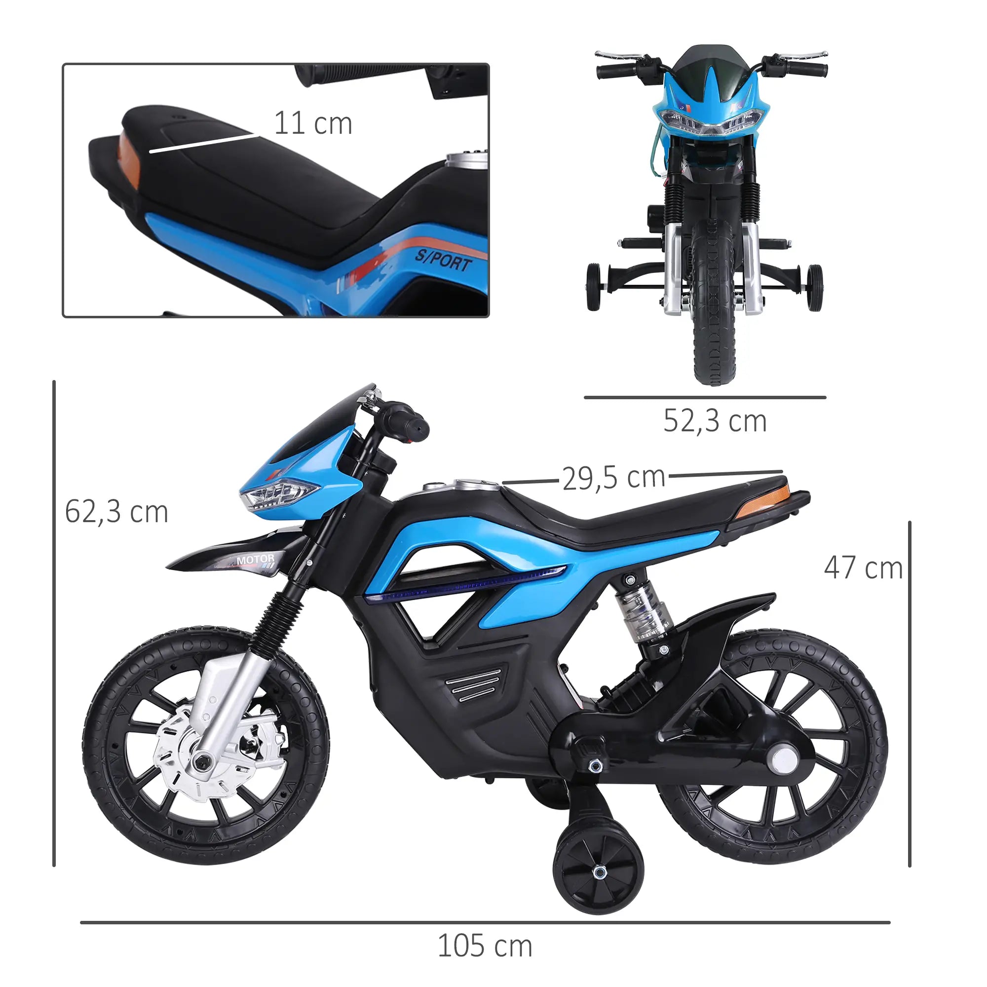 HOMCOM Kindermotorrad Elektrofahrzeug mit Licht Musik Stützrädern Blau