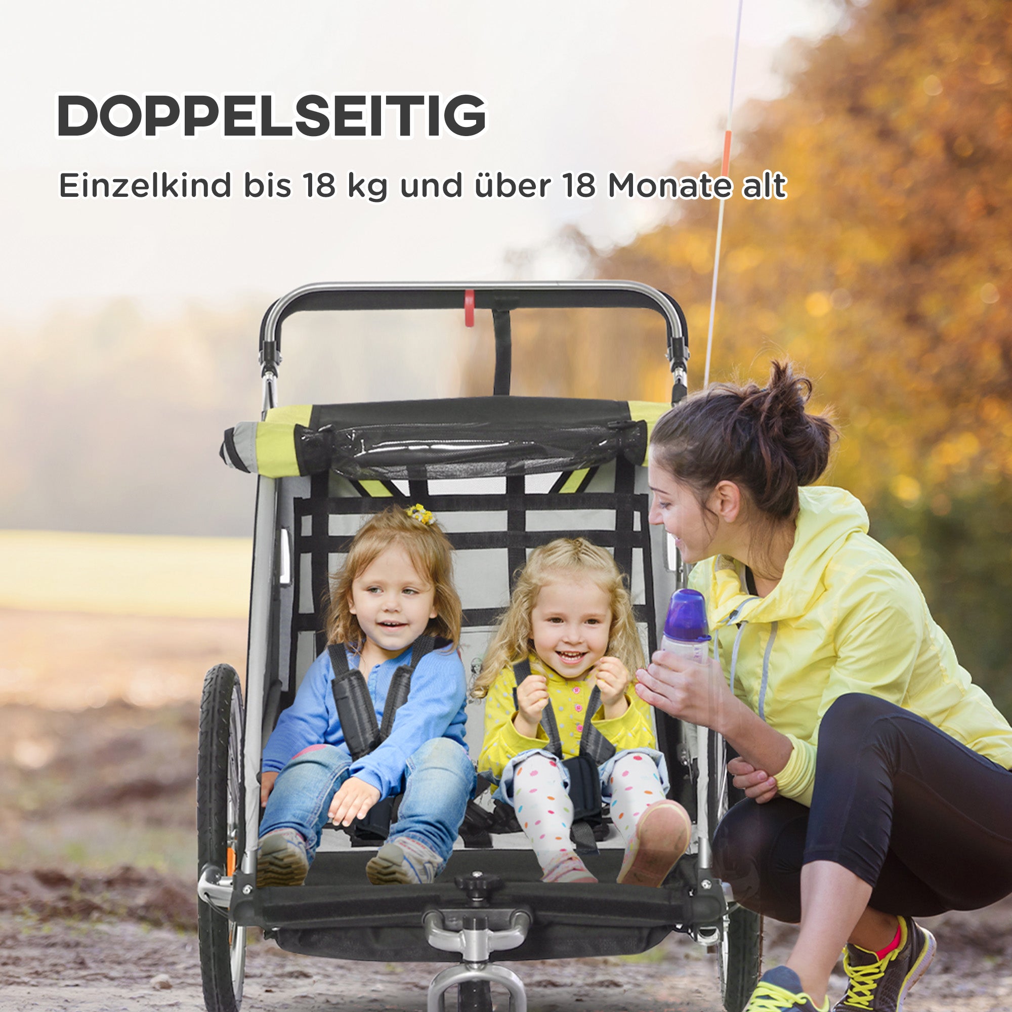 HOMCOM 2-in-1 Fahrradanhänger für 2 Kinder, Schiebefunktion, Regenschutz, Bremse, Gelb