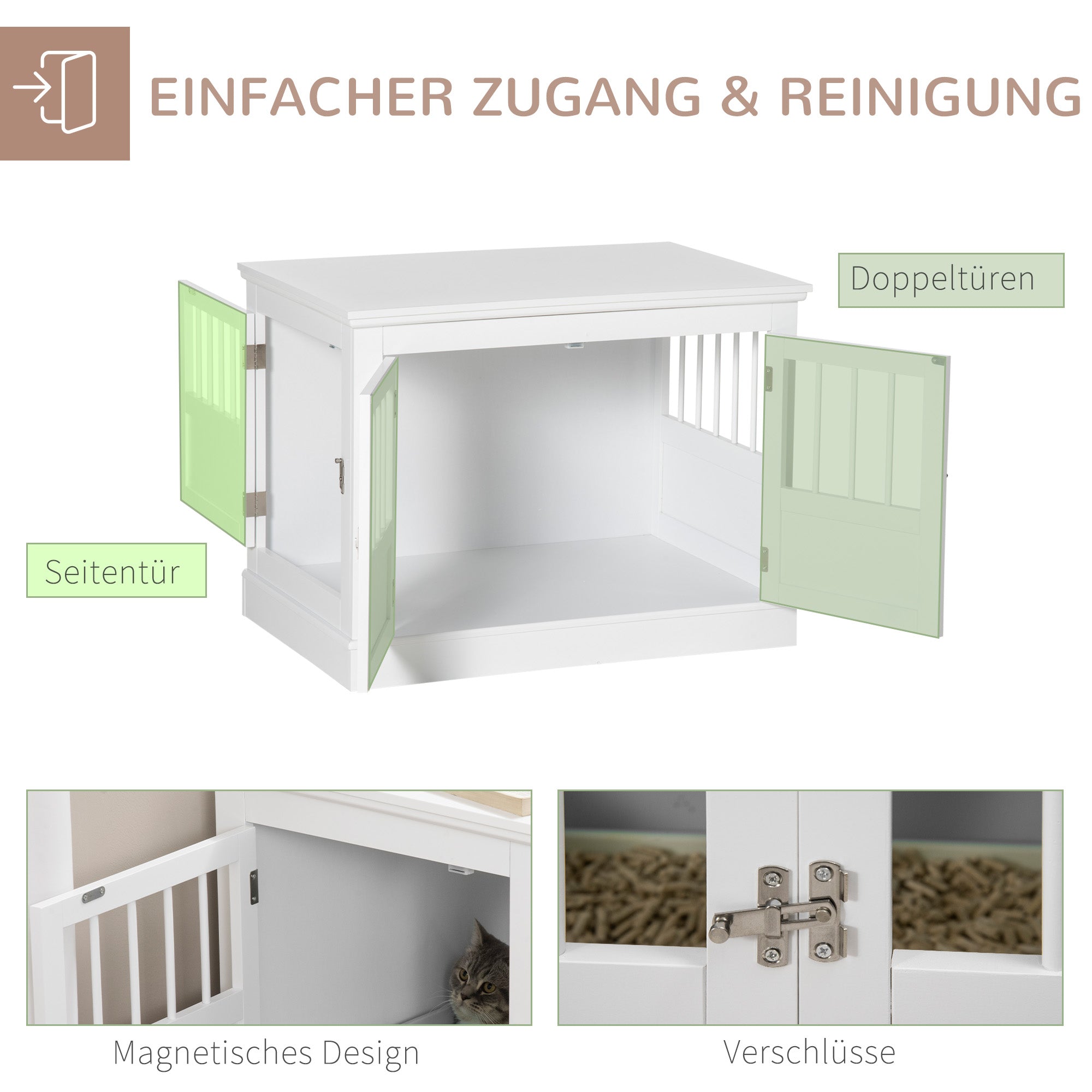 PawHut Hundekäfig, Möbel mit 3 Türen Hundehütte Hundebox für Zuhause 78 x 53 x 59,3 cm, Weiß
