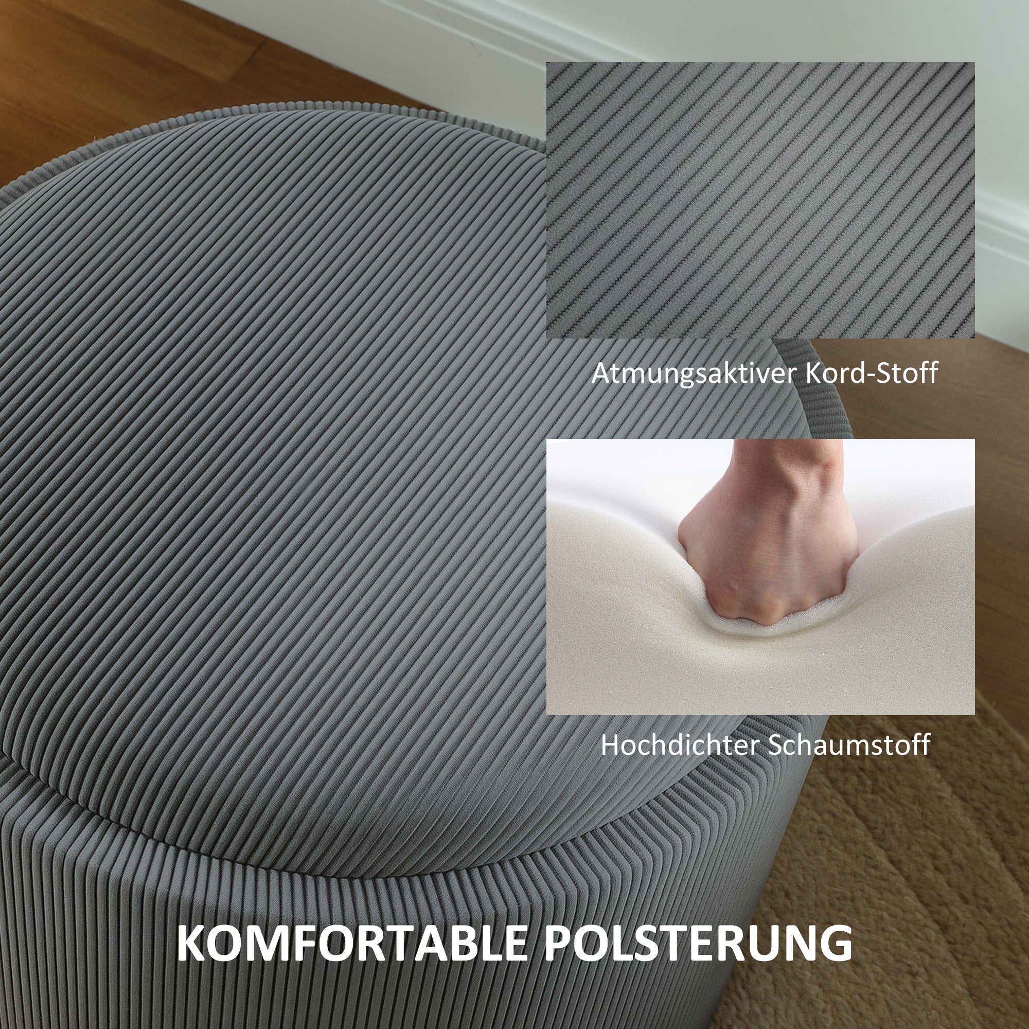HOMCOM Aufbewahrungshocker mit Stauraum, rund, Fußstütze, Cordstoff, MDf, Grau