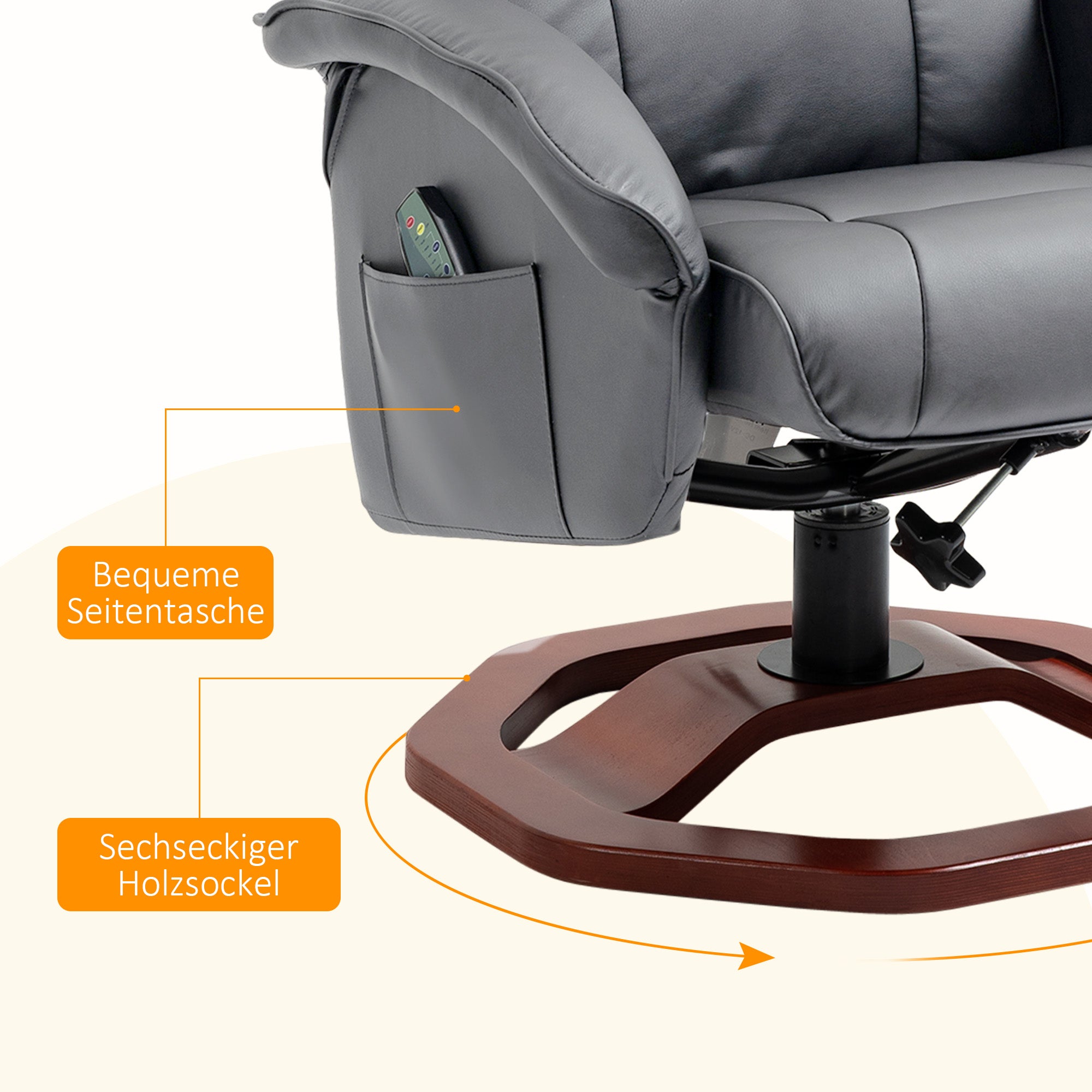 HOMCOM Massagesessel mit Hocker, Liegefunktion, Fernbedienung, drehbar, Lederoptik, bis 150 kg, Dunkelgrau