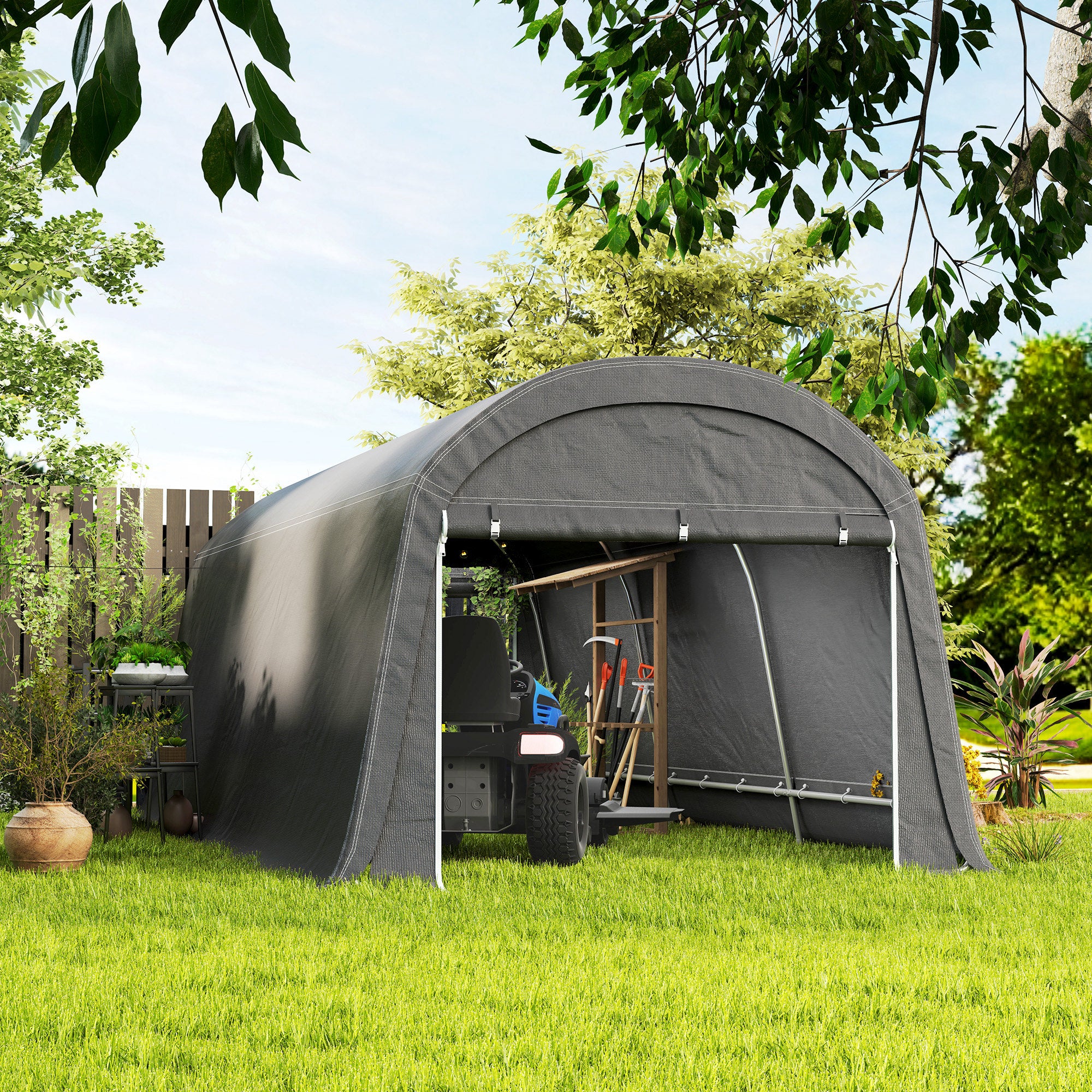Outsunny Gartenschuppen mit Kunststoff-Plane, Werkzeugzelt, aufstellbare Garage, 300B x 600T x 230H cm, Dunkelgrau
