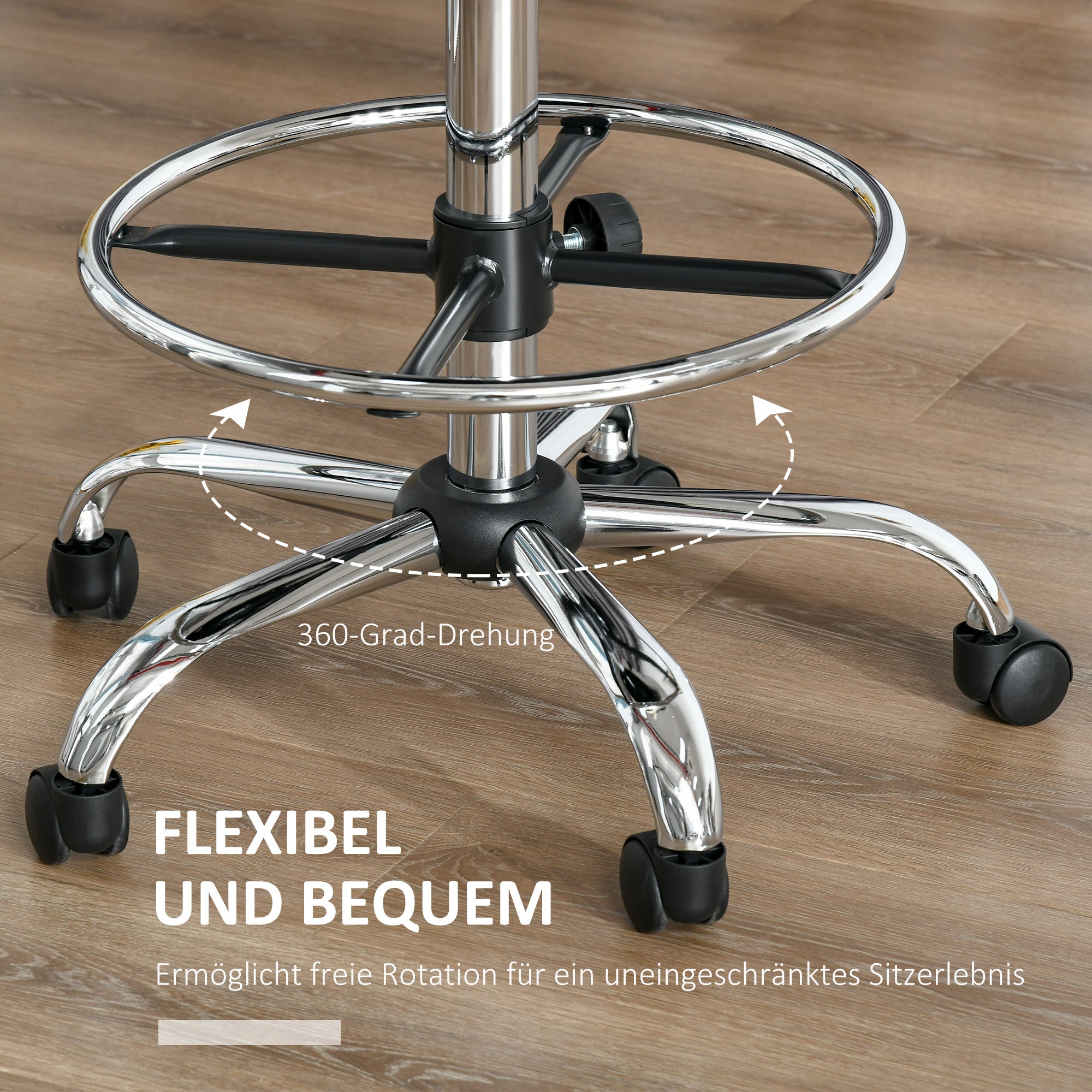 HOMCOM Barhocker Drehstuhl Höheverstellbarer Barstuhl mit Rollen aus Kunstleder-Leder Arbeitshocker Bürohocker 360° schwenkbar mit Lehne Gepolstertet Beige 56 x 57 x 104-127 cm