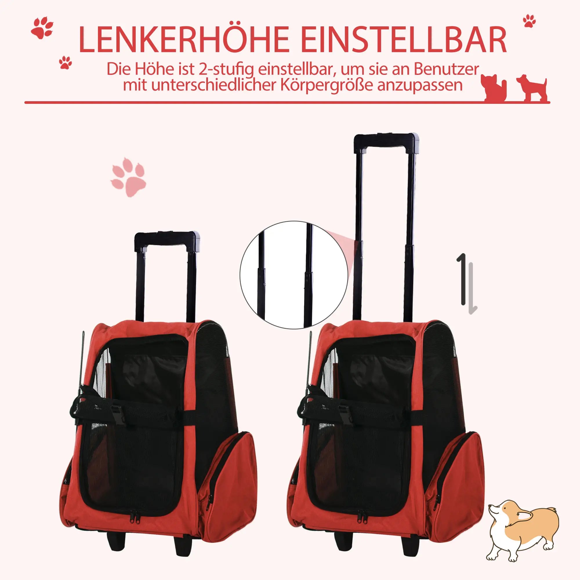 PawHut Hundetrolley Tragetasche 2in1 Rucksack mit Rollen höhenverstellbar