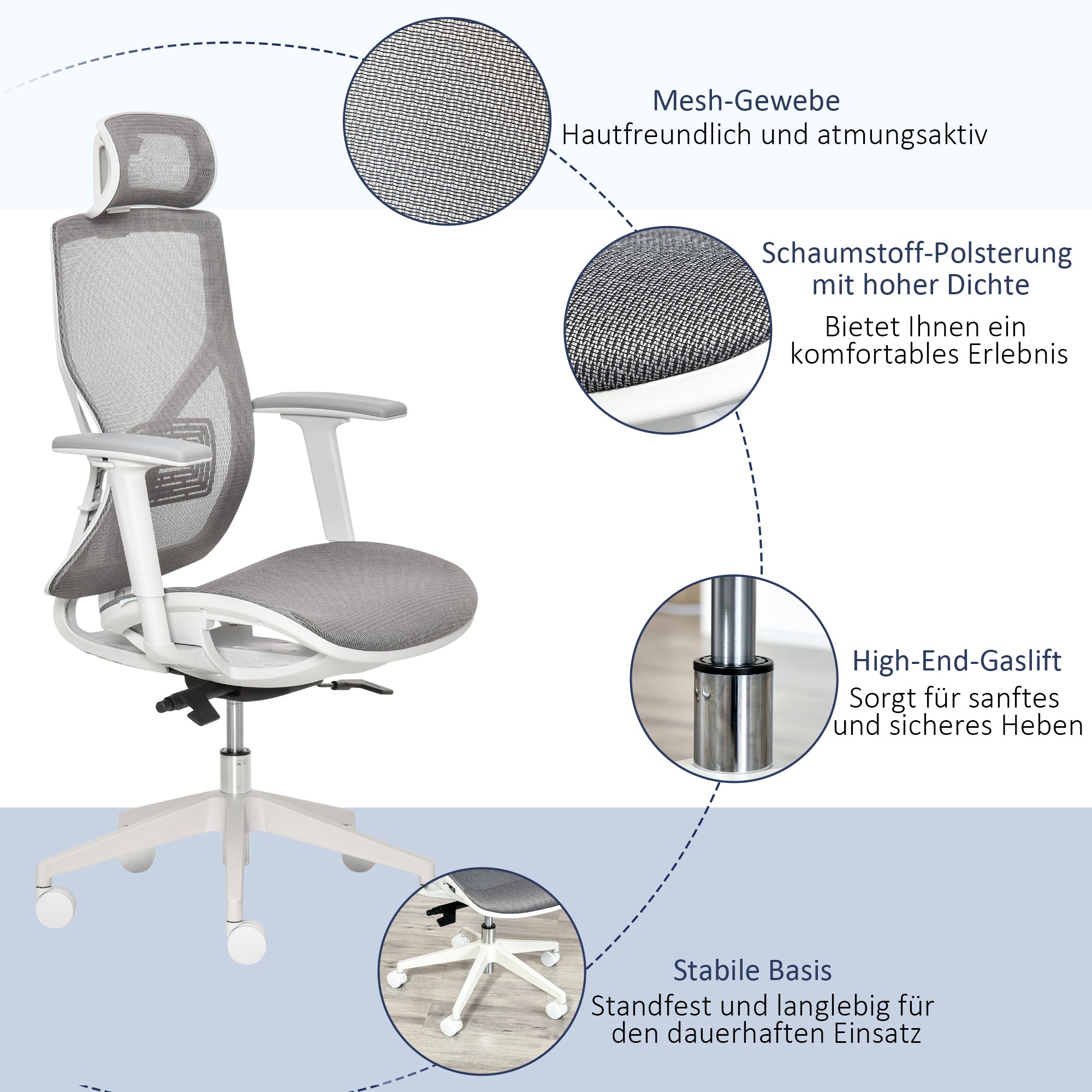 Vinsetto Bürostuhl Schreibtischstuhl Drehstuhl Gamingstuhl mit Kopflehne Lendenkissen 3D-Armlehne 3 Stufen 360°-Drehräder höhenverstellbar ergonomisch Mesh-Stoff Schaumstoff Grau 67 x 65 x 120-128 cm