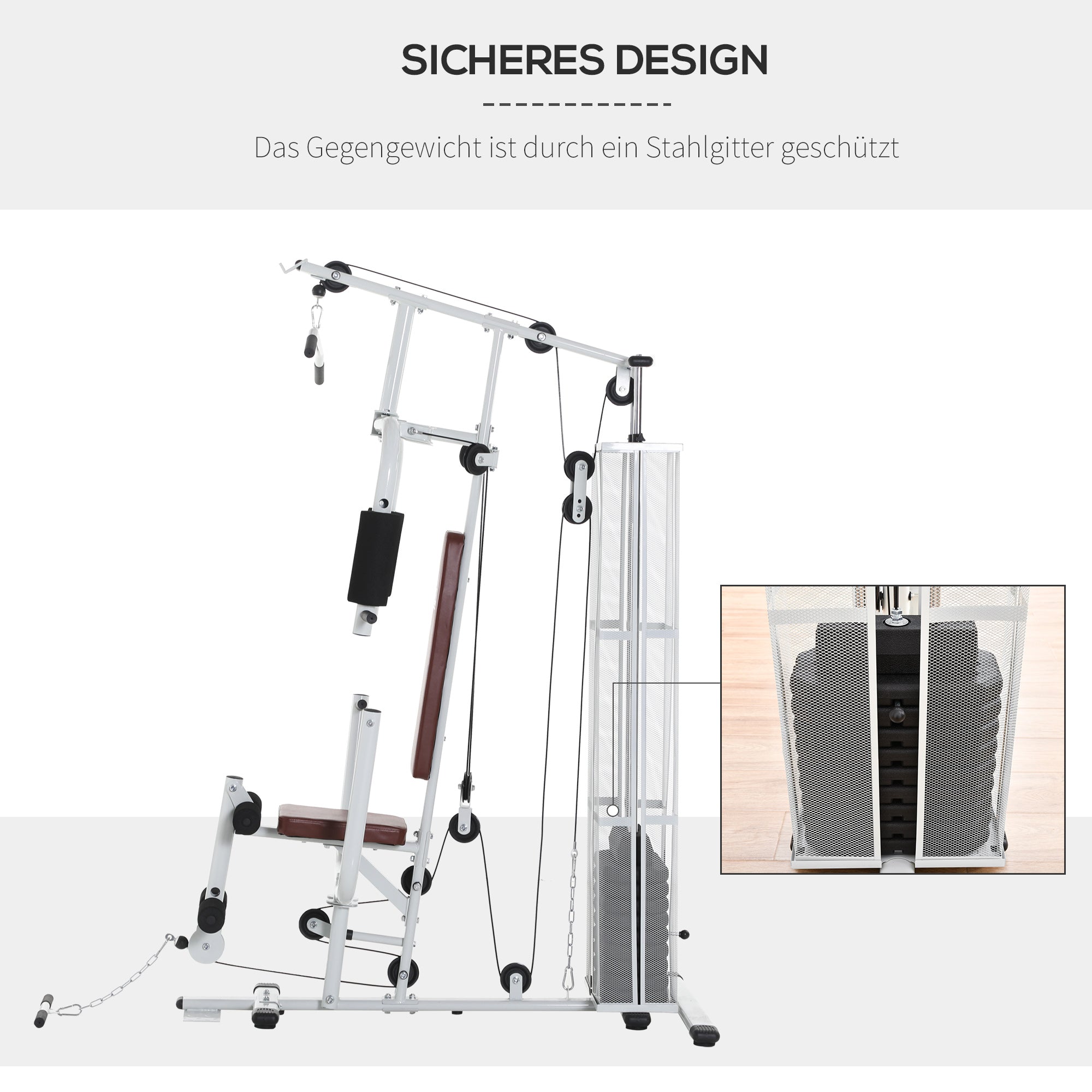 HOMCOM Gym Kraftstation Fitnessstation Multigym Fitnesscenter Fitnessgerät inkl. Gewichten Latzug Beincurl  Metall PU-Kunstleder Weiß 150 x 110 x 210 cm