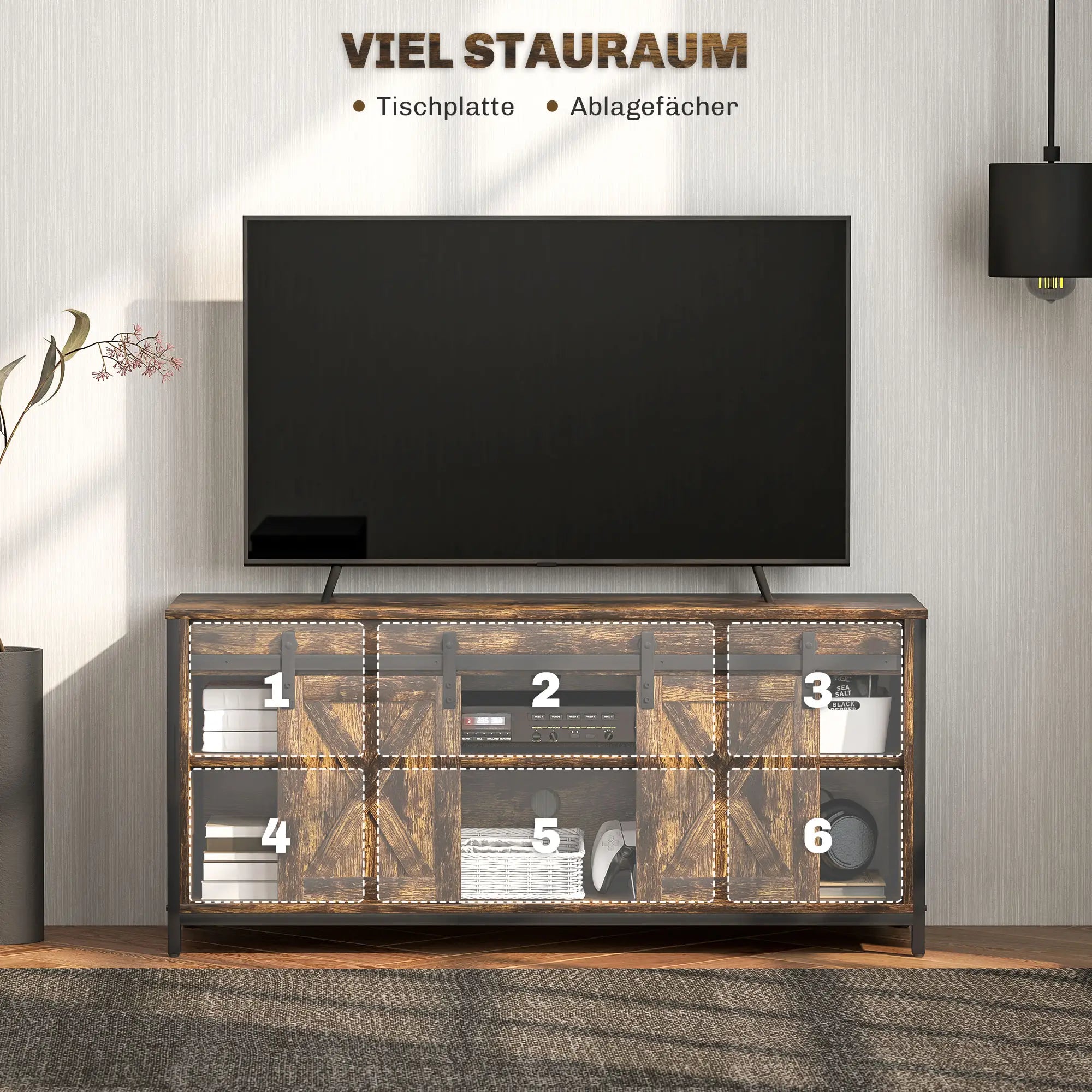 HOMCOM TV Lowboard, Industrial Design, für 60'' TVs, 6 Fächer, 2 Schiebetüren, Braun/Schwarz