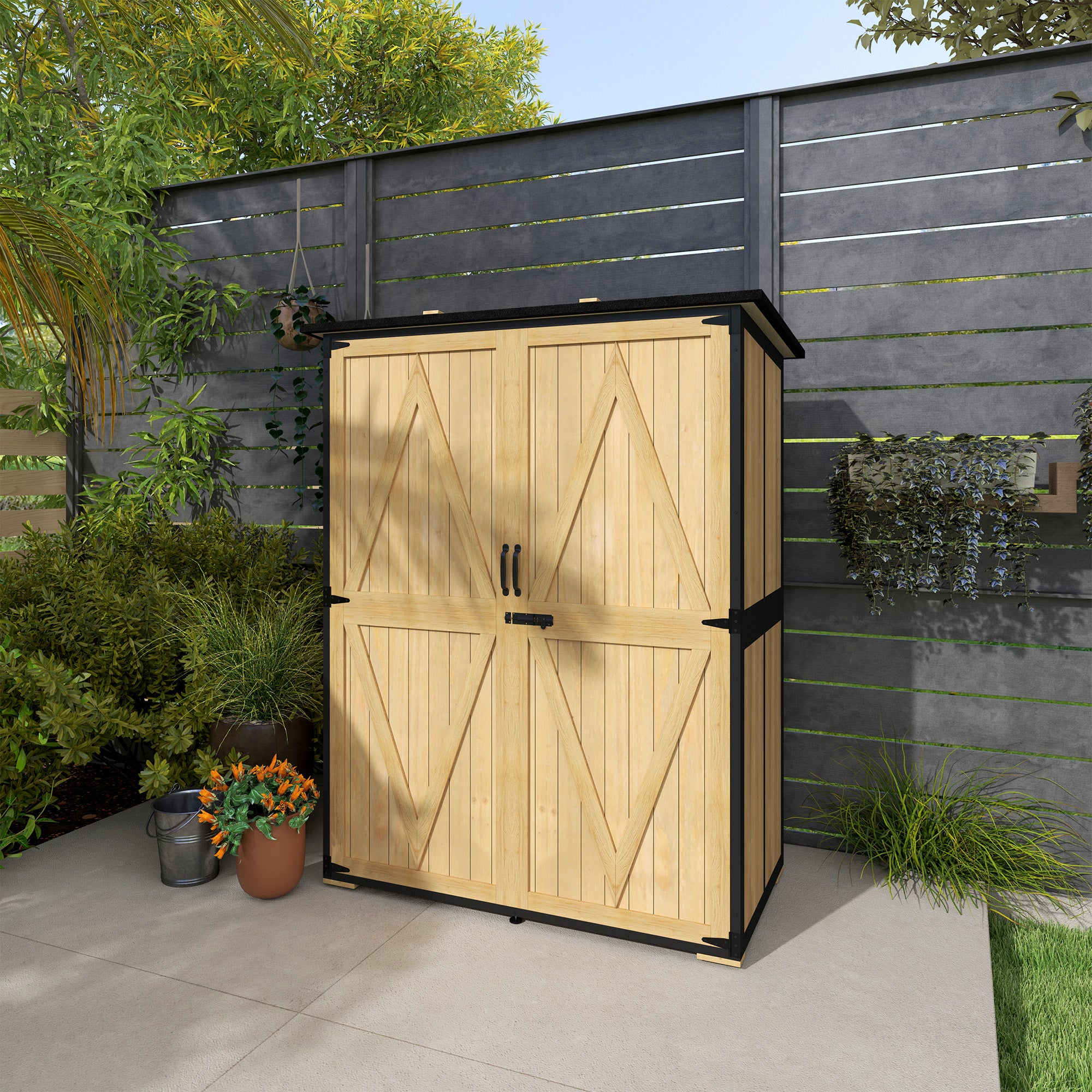 Outsunny Gartenschrank aus Holz und Stahl, Outdoor-Werkzeugschrank mit Asphalt-Dach, 2 Regale, verschließbare Türen, Naturholz