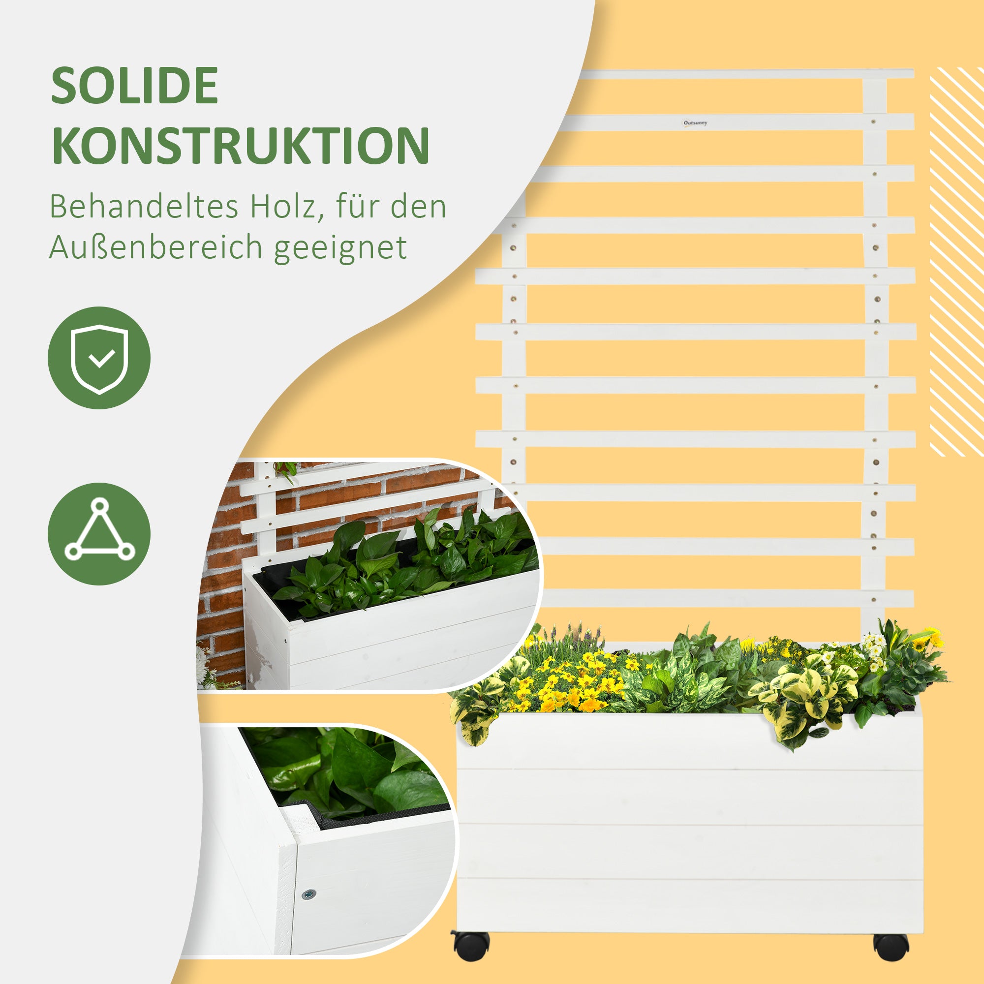 Outsunny Pflanzkasten mit Spalier, 4 Räder, Naturholz, wetterfeste Lackierung, weiß, 76 x 30 x 155 cm
