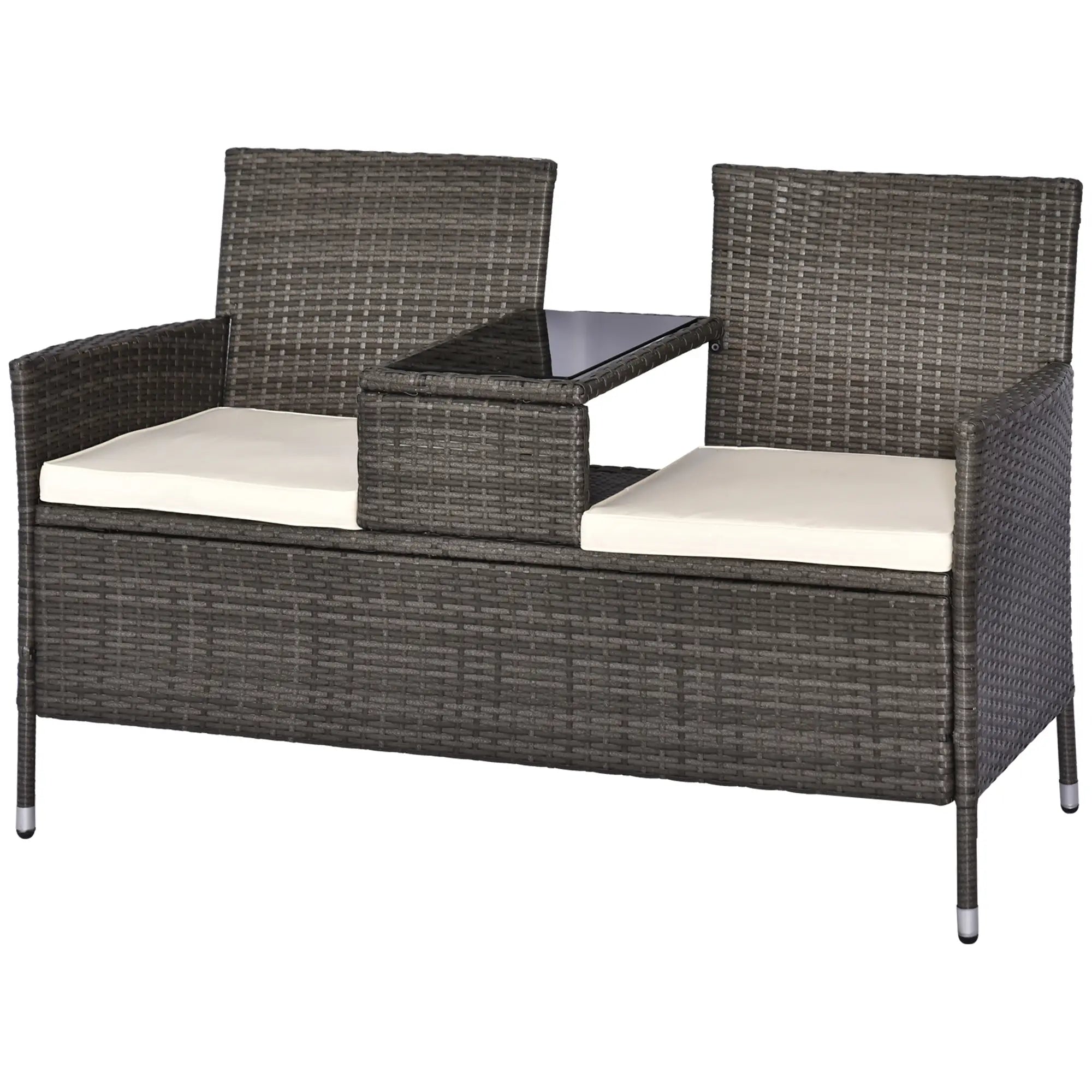 Outsunny Polyrattan Gartenbank 2-Sitzer mit integriertem Tisch Outdoor