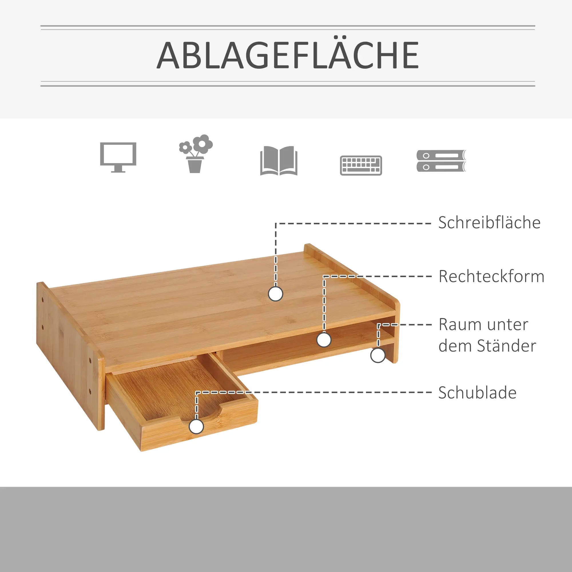 HOMCOM Monitorständer Schreibtisch Organizer mit Schublade Bambus