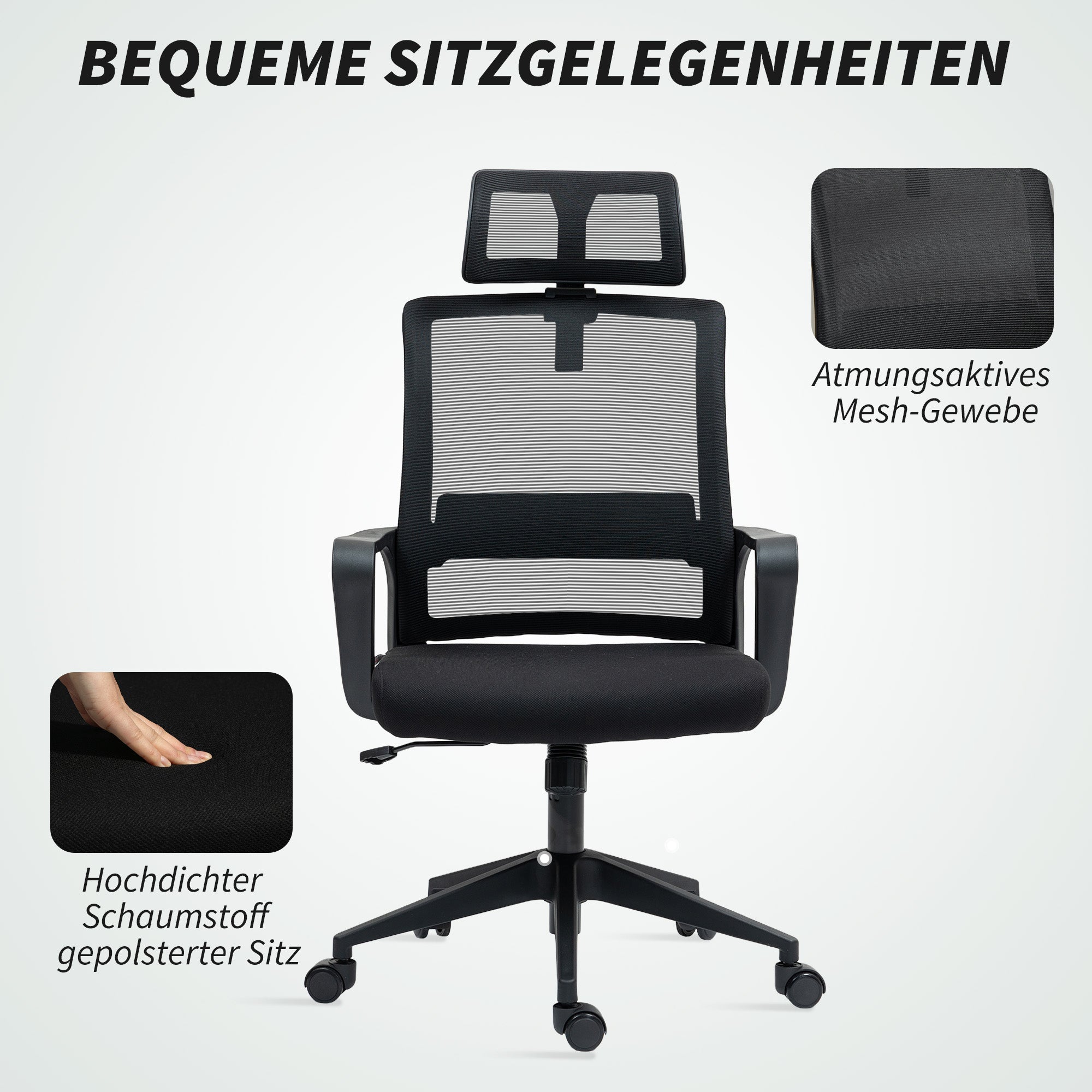 HOMCOM Bürostuhl, Verstellbarer Schreibtischstuhl mit Kopfstütze, Drehstuhl für Homeoffice, Büro, Schwarz