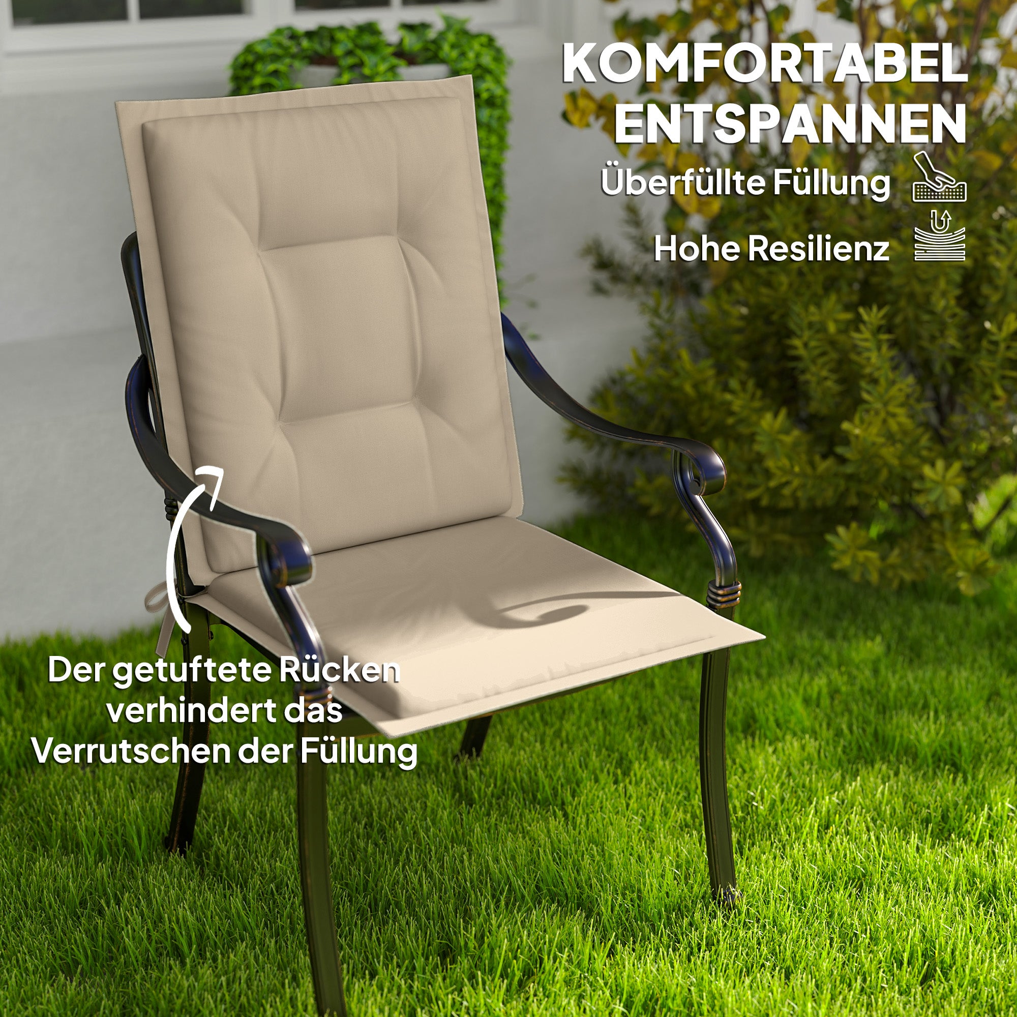 Outsunny 4er Set Sitzkissen 108 x 50 x 5 cm Stuhlkissen mit Bändern, Outdoor Indoor Sitzauflage Beige