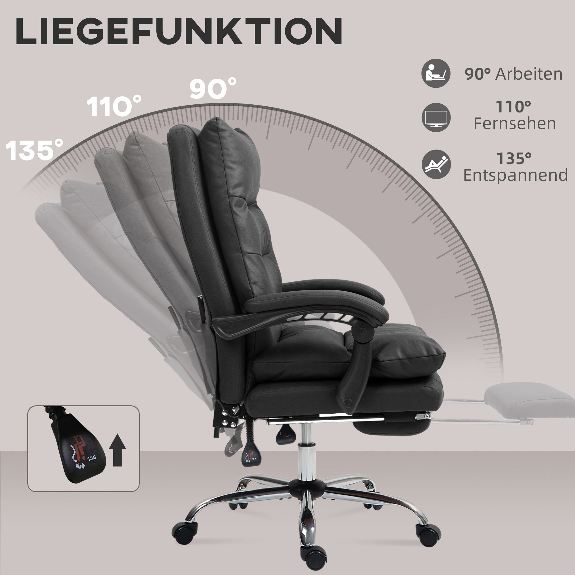 Vinsetto Bürostuhl mit Massagefunktion, beheizbar, neigbar, Kunstleder, 65x72x109-117cm, Schwarz