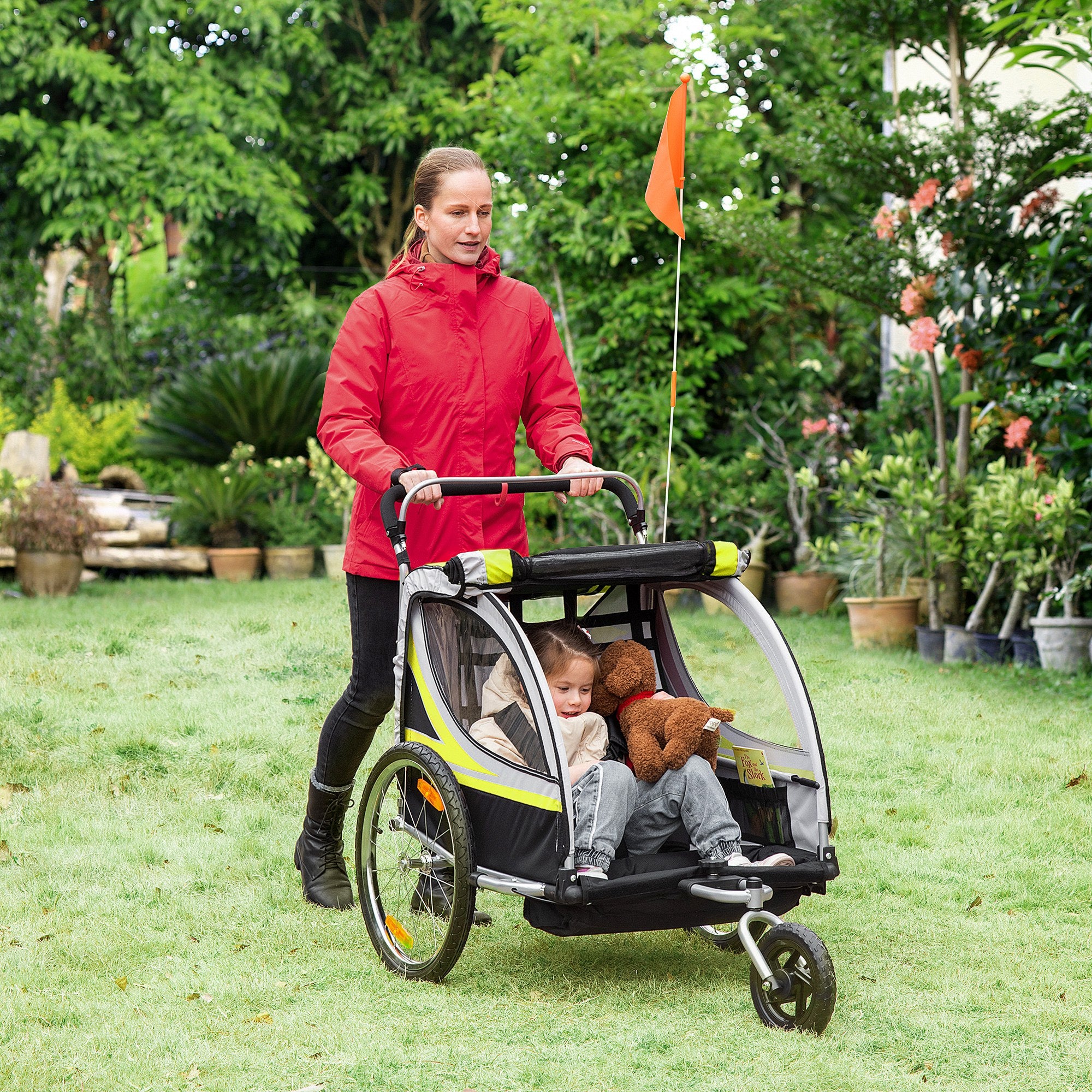 HOMCOM 2-in-1 Fahrradanhänger für 2 Kinder, Schiebefunktion, Regenschutz, Bremse, Gelb
