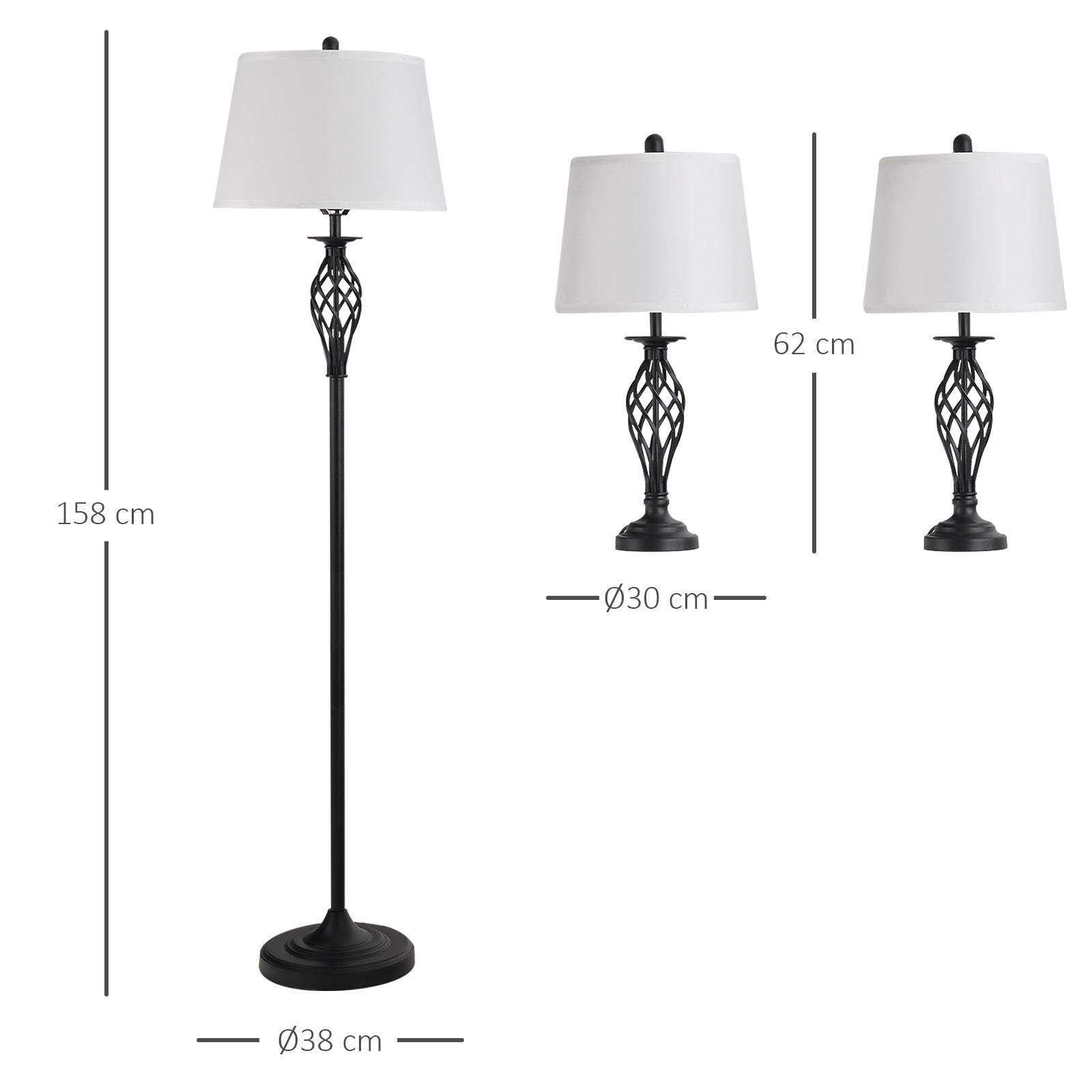 HOMCOM 3er-Lampenset 2 Tischlampe(ø38 x 158H cm) + 1 Stehlampe(ø30 x 62H cm) Metall, PS, Polyester, Baumwolle, Vintage, Schwarz+Weiß