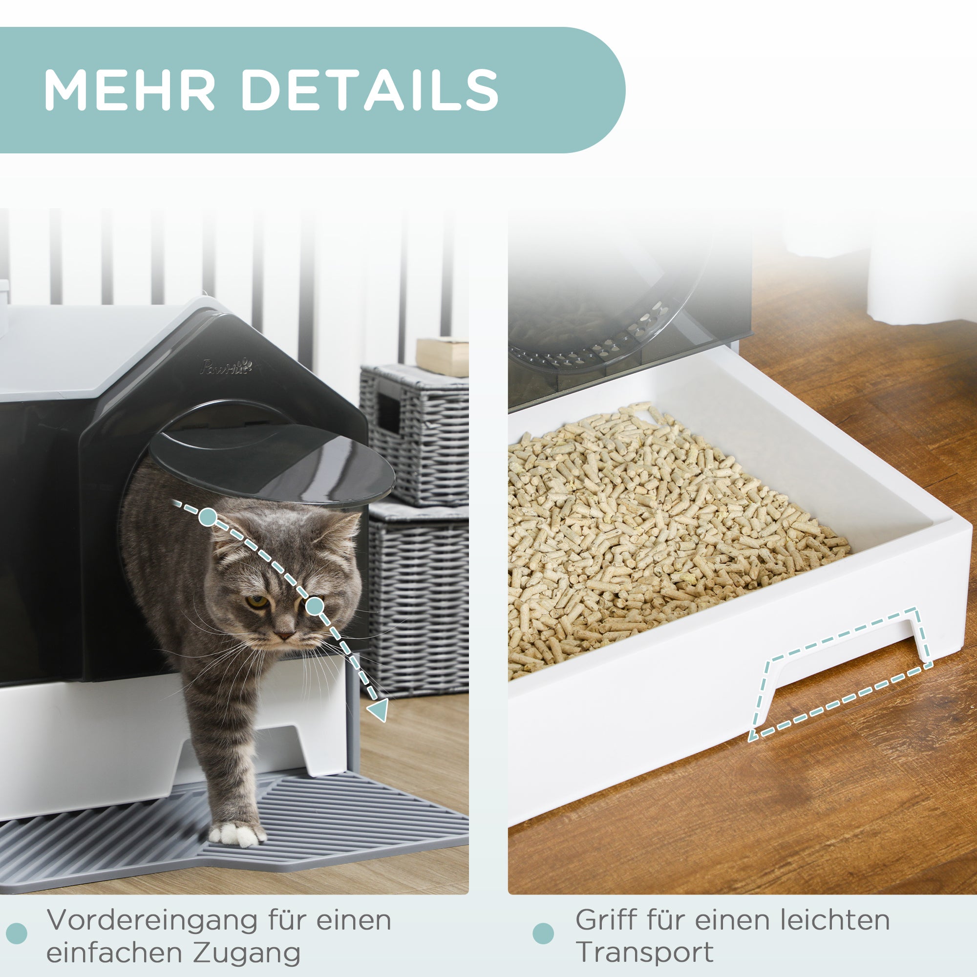 PawHut Katzentoilette im niedlichen Design, 1 Siebvorleger, 1 Streuschaufel, herausnehmbare Bodenwanne, Grau