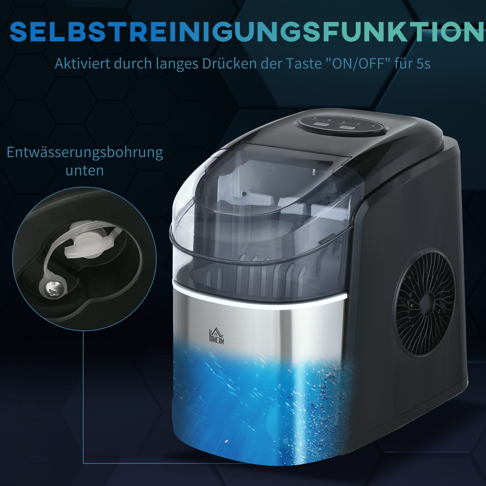 HOMCOM Eiswürfelmaschine Eiswürfelspender, Ice-Maker, 12kg/Tag, 9 Stück/ 6-12Minuten, Silber