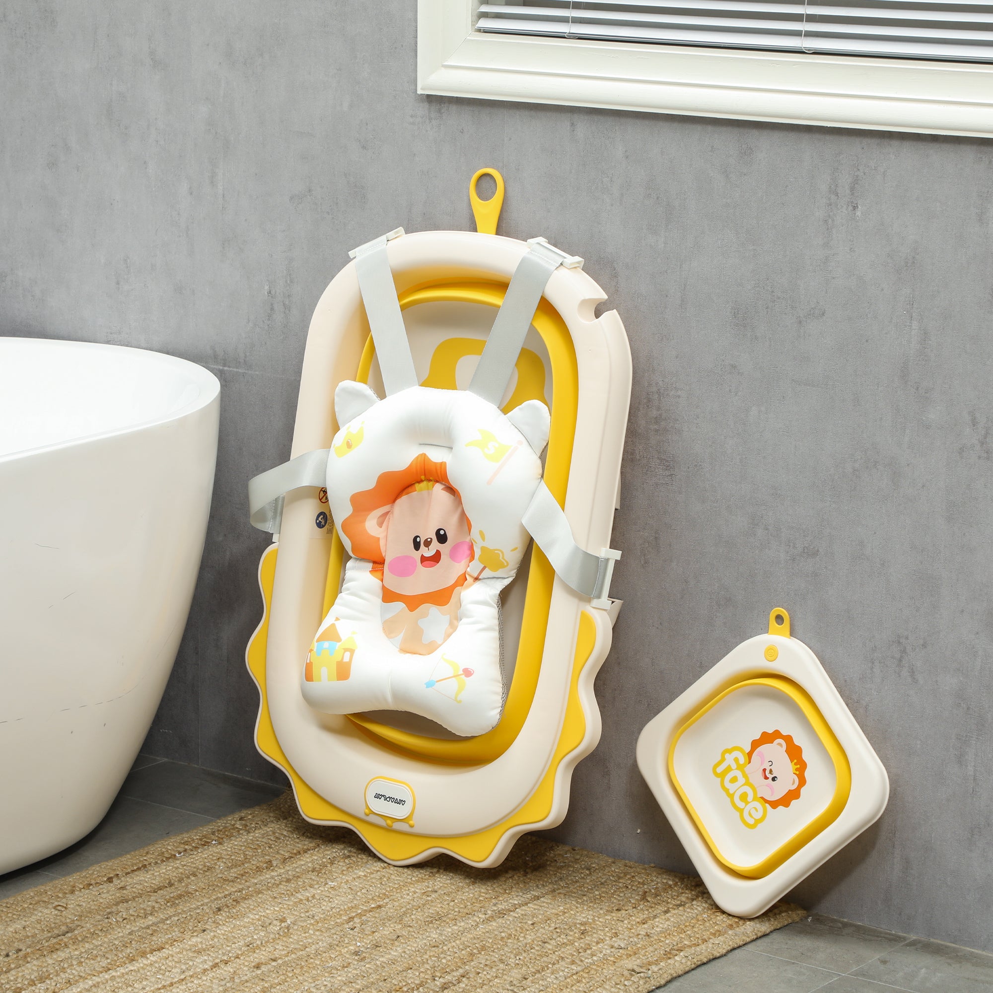 AIYAPLAY Babybadewanne mit Waschbecken, faltbar, rutschfester Boden, komfortables Badekissen, Gelb