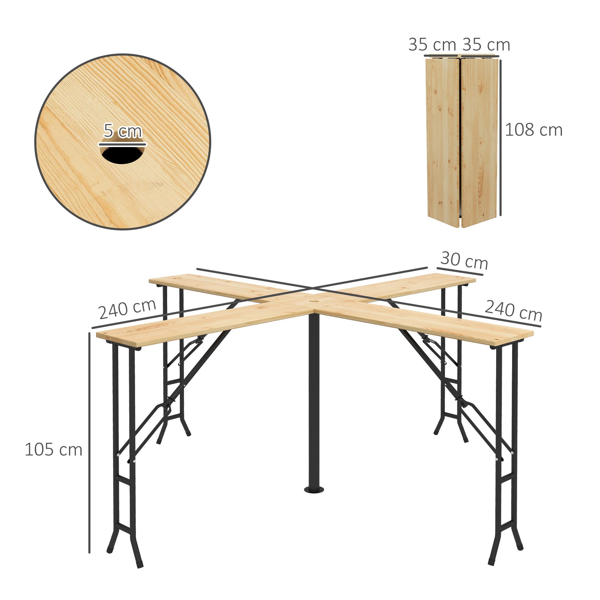 Outsunny Picknicktisch, Outdoor Klapptisch, bis 20 Personen, wetterfest, Metall, Tannenholz, 2,4x2,4x1m, Natur/Schwarz