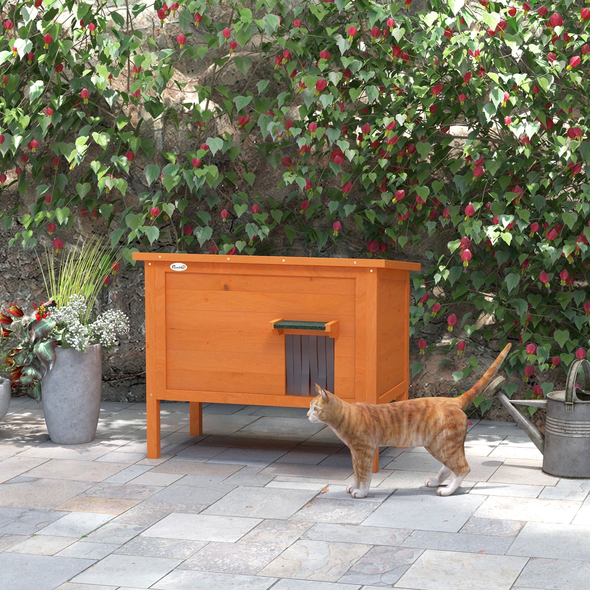 PawHut Katzenhaus Outdoor-Katzenhaus Katzenhütte, wetterbeständig, 1 Fenster, 1 Eingang, 85 x 50 x 68,5 cm, Orange+Grün