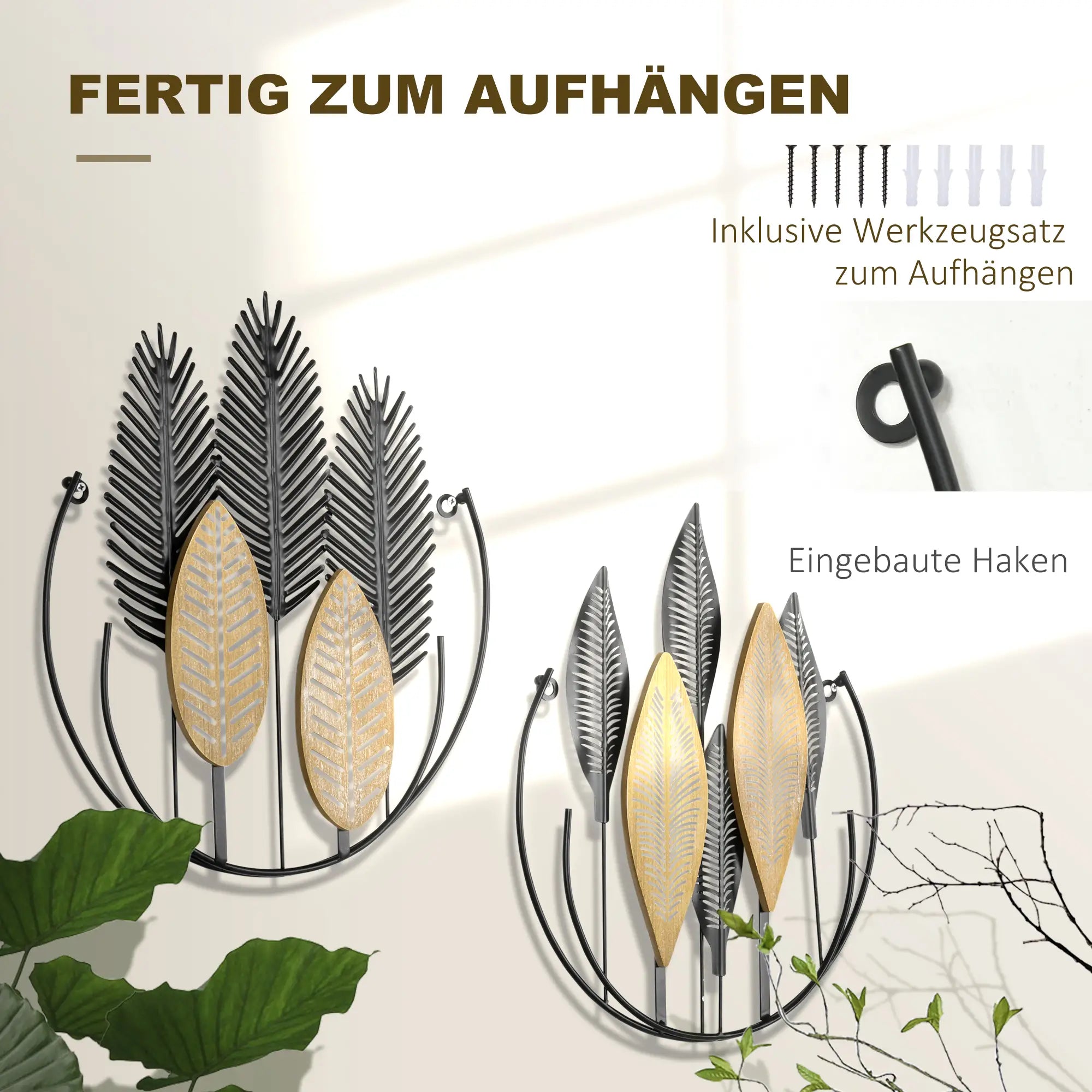 HOMCOM 3D Wandbild 2er-Set mit Aufhängung Eisen Schwarz Natur