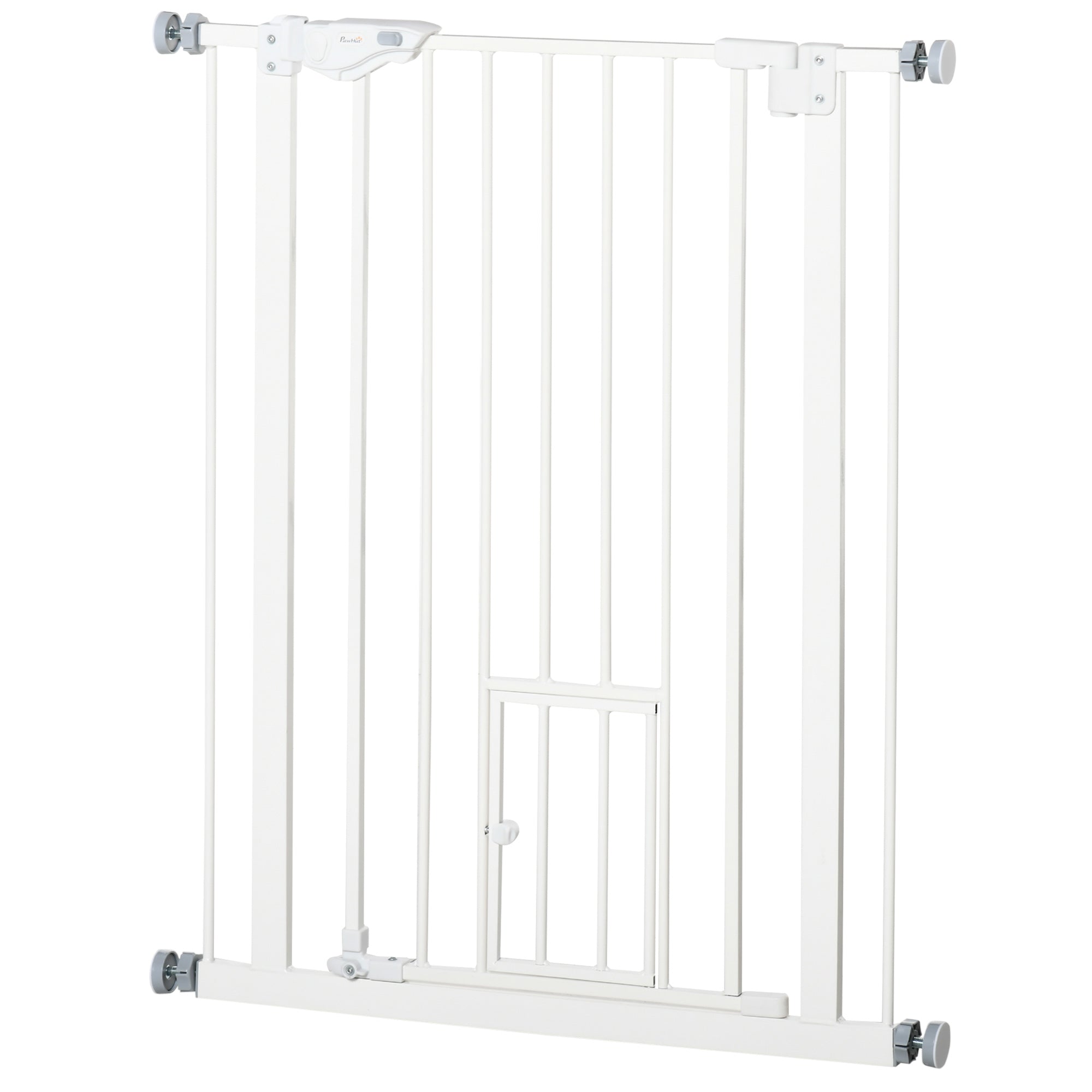 PawHut Türgitter mit Katzenklappe, Montage ohne Bohren, variable Breite 74-80 cm, einhändiges Öffnen, Metall, Weiß
