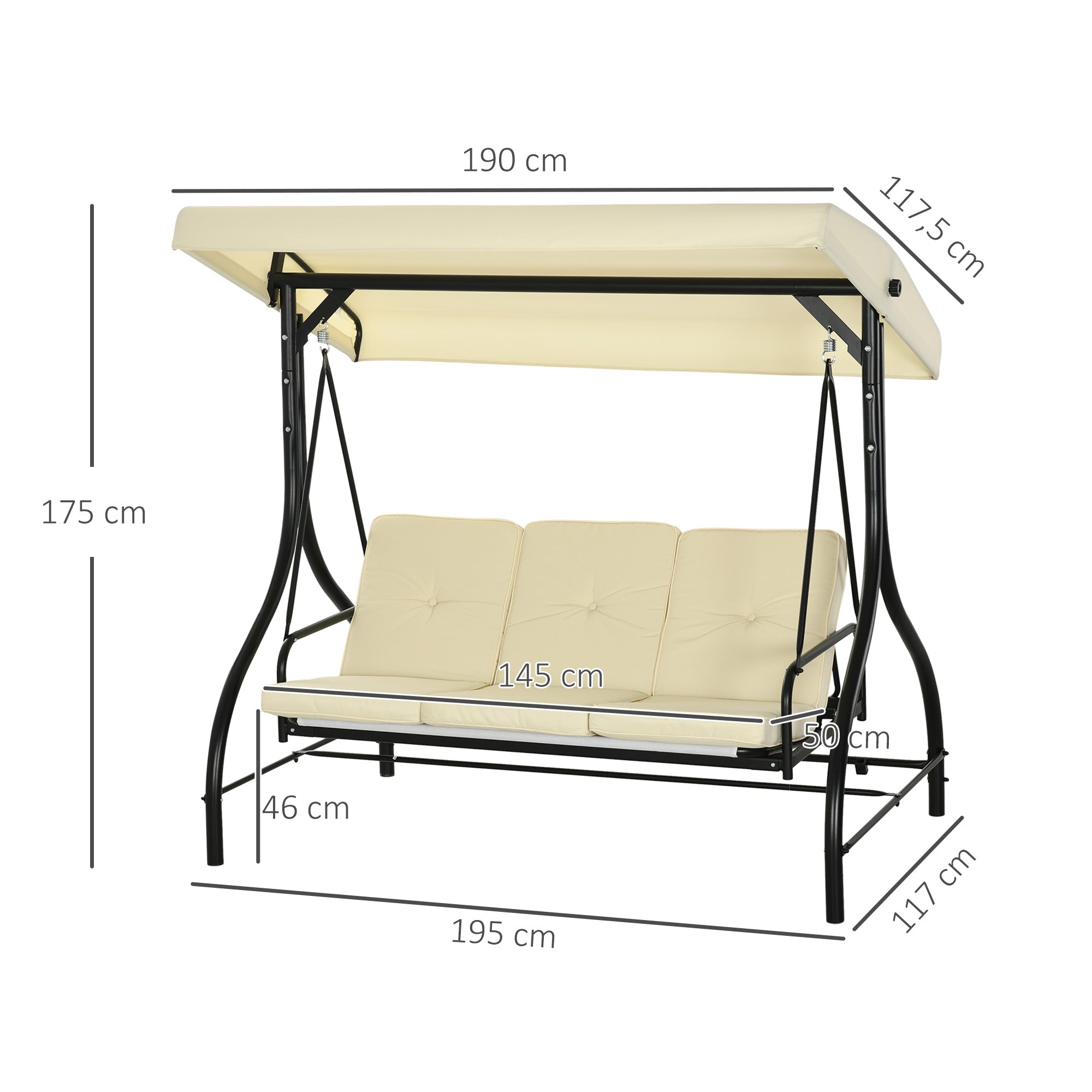 Outsunny Schaukelbank, Hollywoodschaukel mit Sonnenschutz, Gartenschaukel, Verandaschaukel, 3 Sitze, Schaukelbett