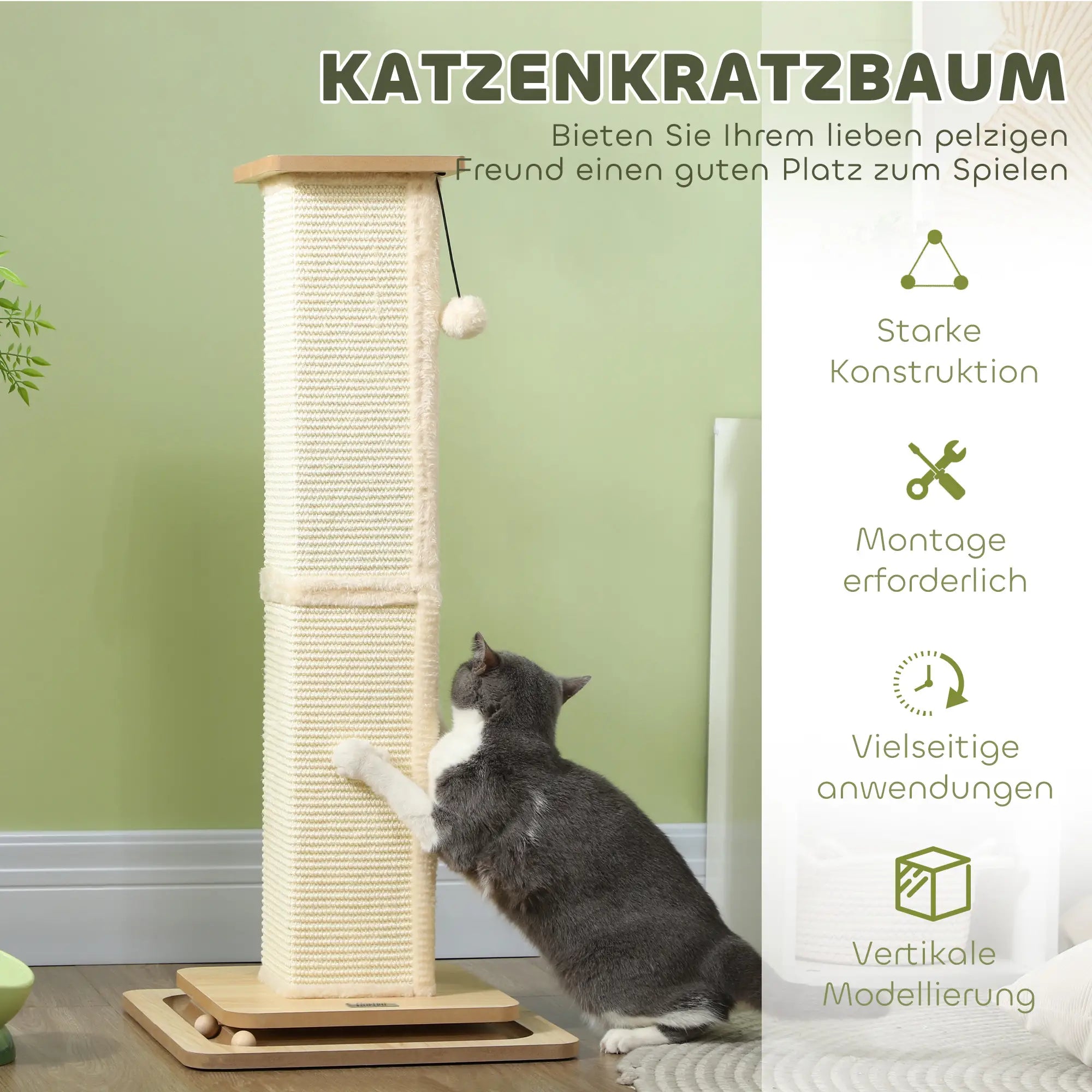 PawHut 3-in-1 Kratzstamm 87 cm mit Spielball & Sisalsäule