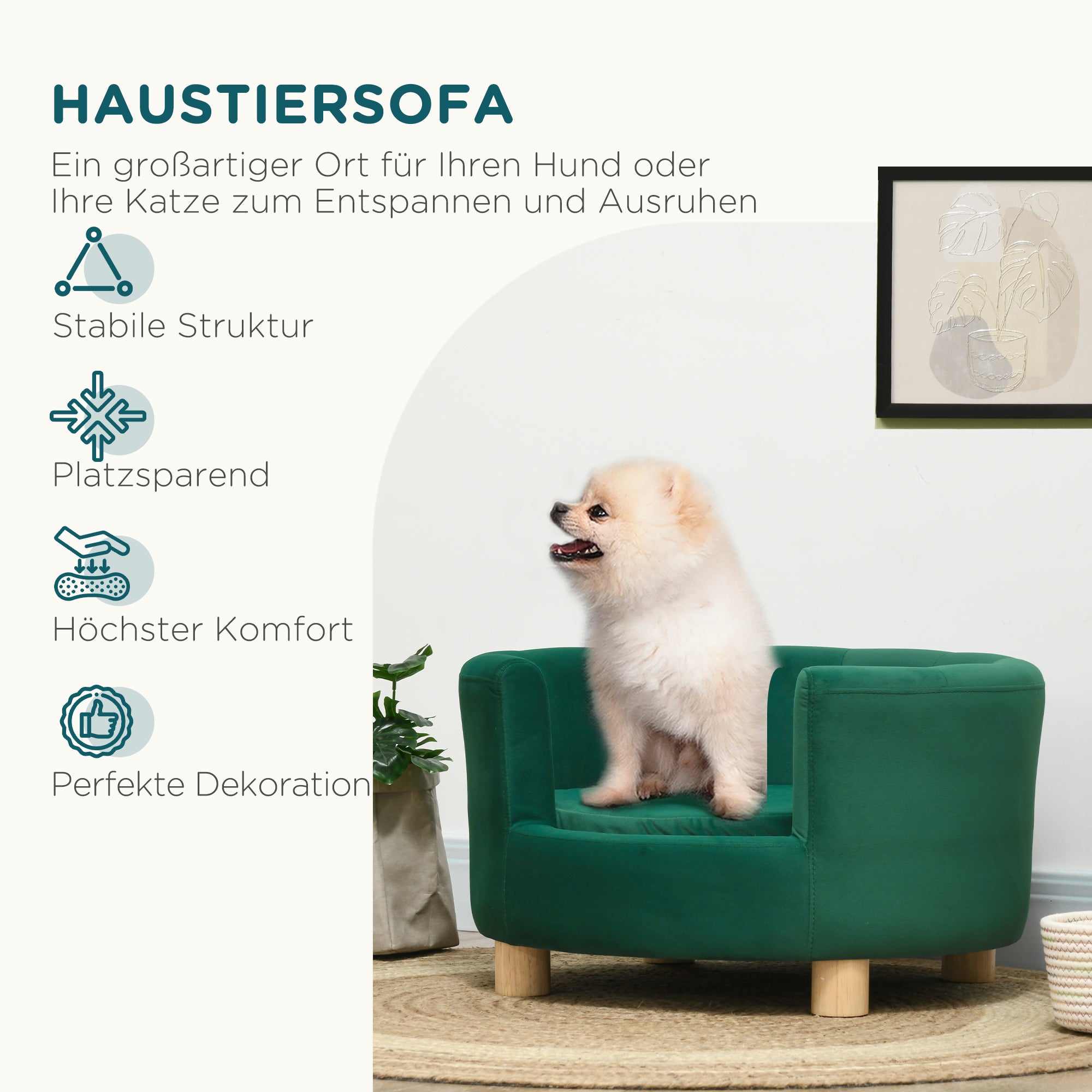 PawHut Hundesofa Hundecouch, Waschbarer Bezug, Haustiersofa mit Rückenlehne und Holzbeine, Katzensofa, für kleine Hunde unter 4,5 kg, Grün