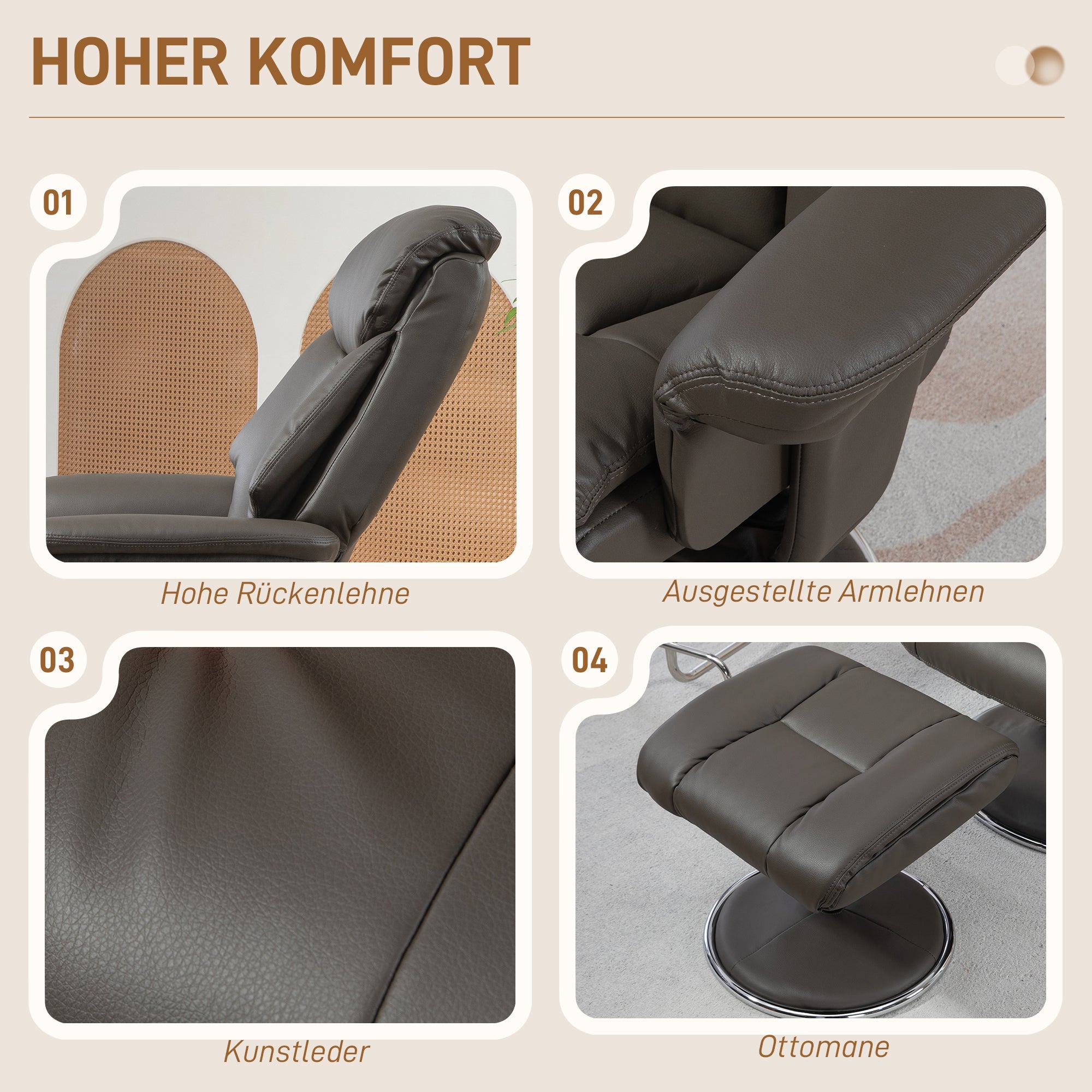 HOMCOM Relaxsessel mit Hocker, Rückenlehne verstellbar, Kunstleder, bis 150 kg, Grau